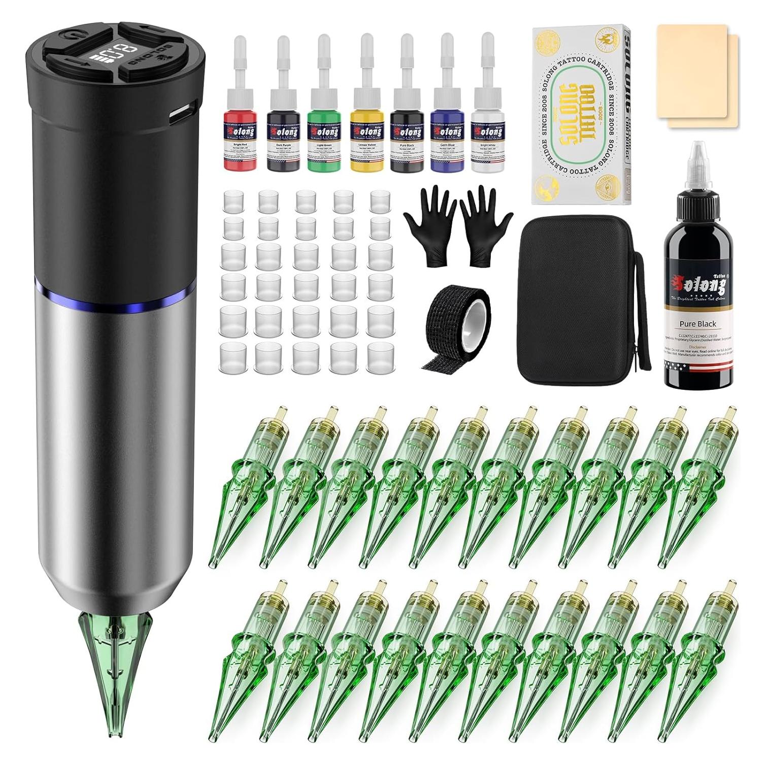 Kit de Tatuaje Inalámbrico Solong E72 con Pantalla LED y 20 Agujas