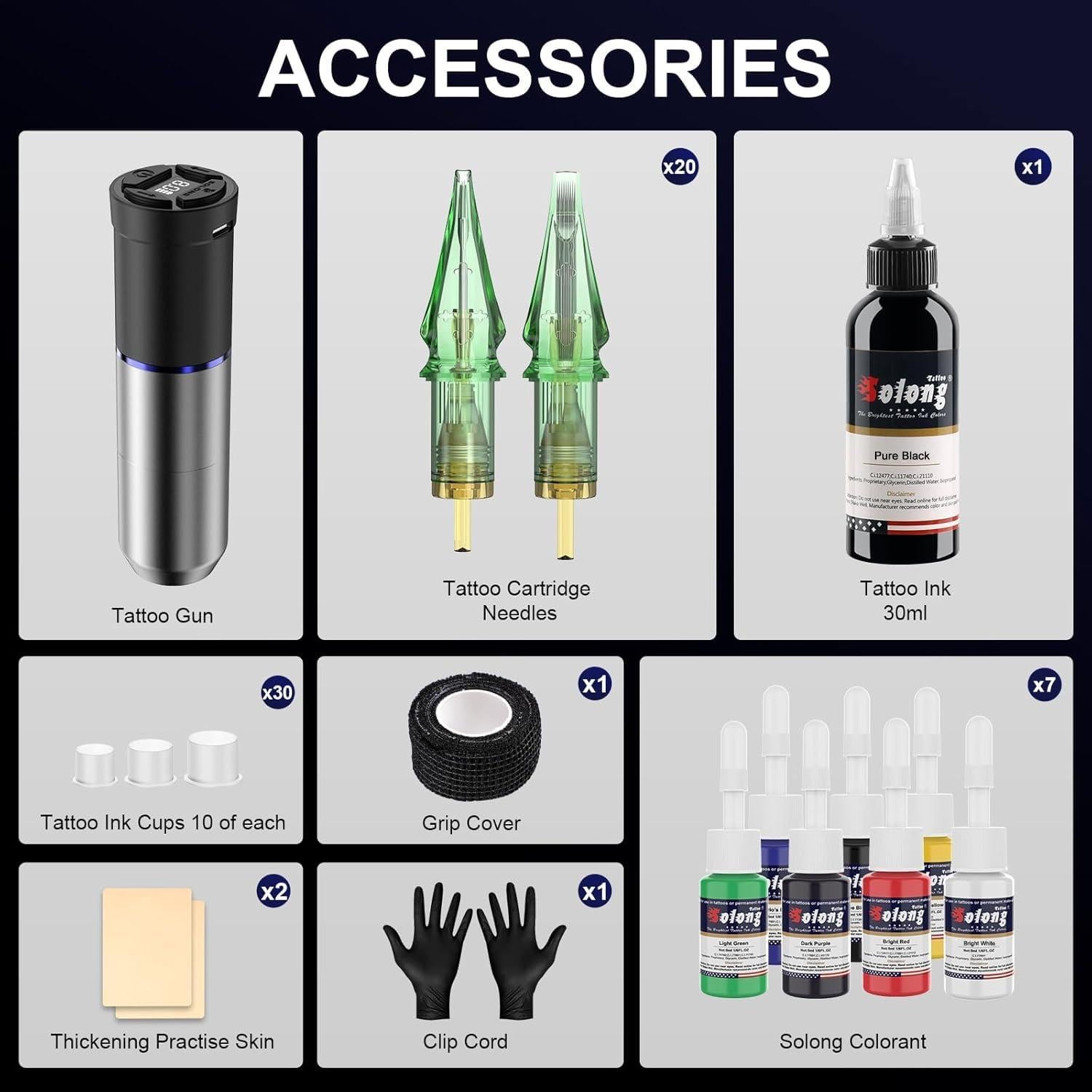Kit de Tatuaje Inalámbrico Solong E72 con Pantalla LED y 20 Agujas