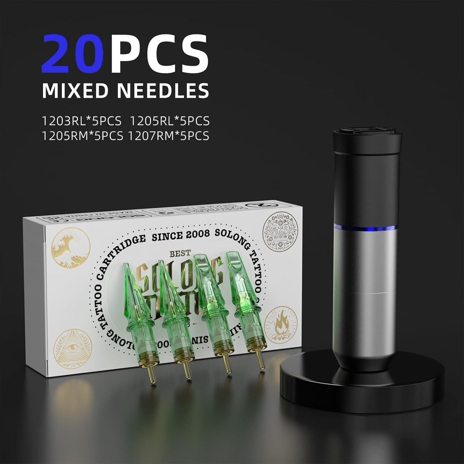 Kit de Tatuaje Inalámbrico Solong E72 con Pantalla LED y 20 Agujas