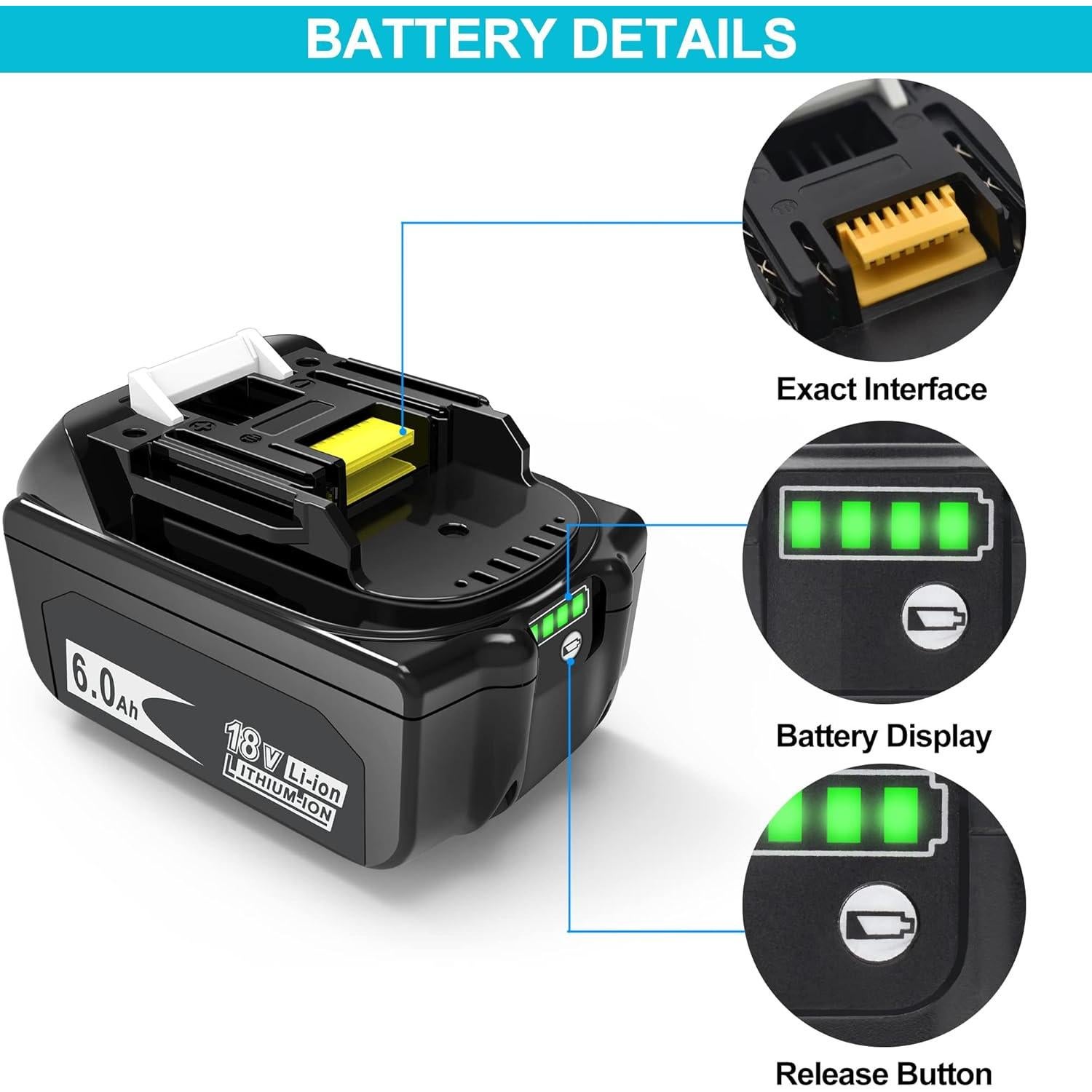 2 Baterías de Reemplazo 6000mAh 18V Makita BL1860B BL1850B