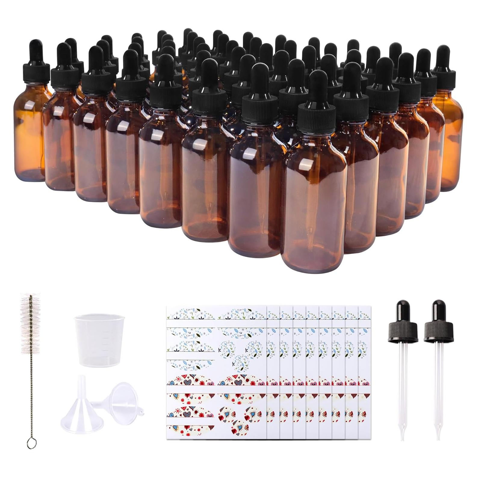 48 Botellas de Vidrio Ámbar 60 ml con Gotero y Accesorios