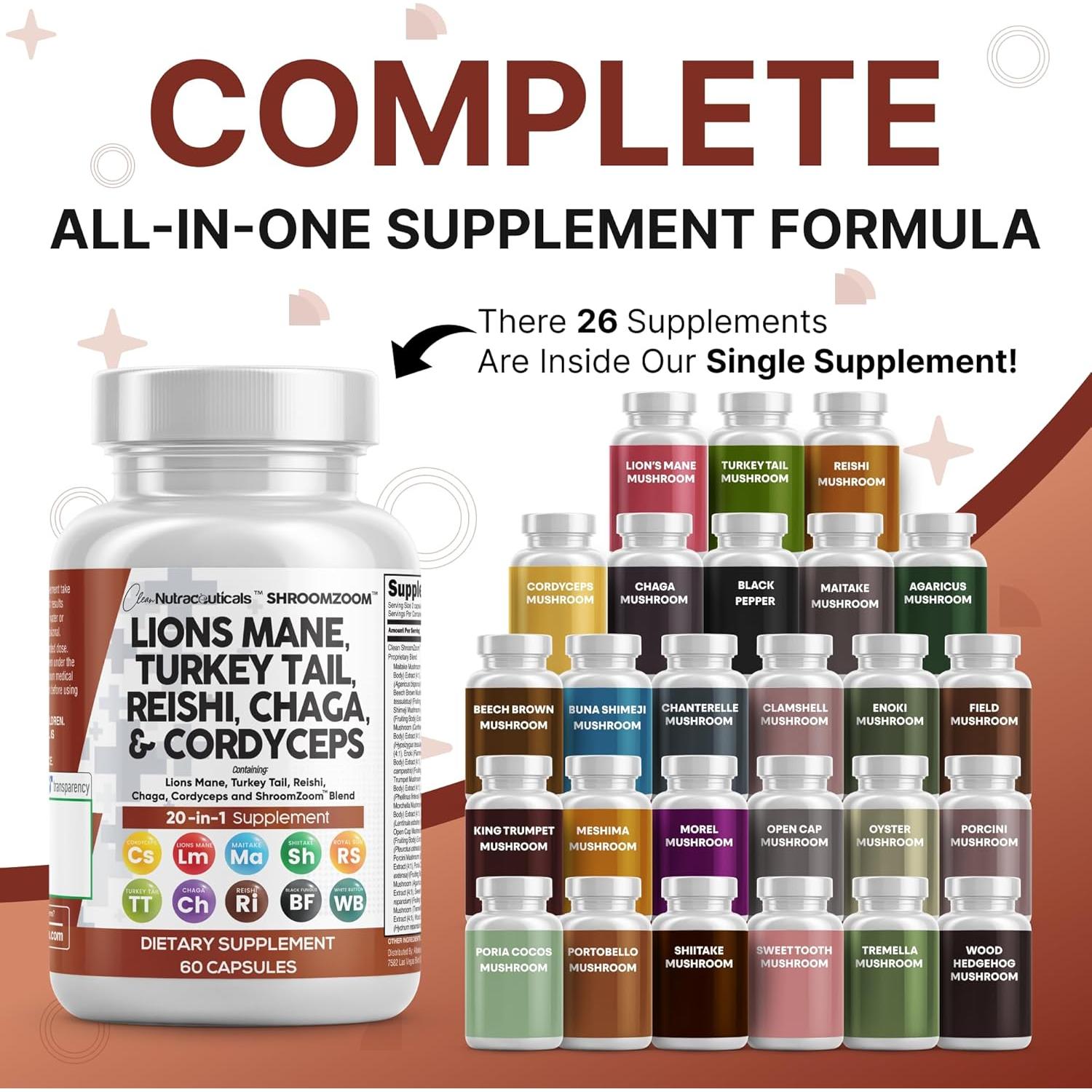 Suplemento de Hongos Clean Nutraceuticals 20 en 1 - 3 Paquetes