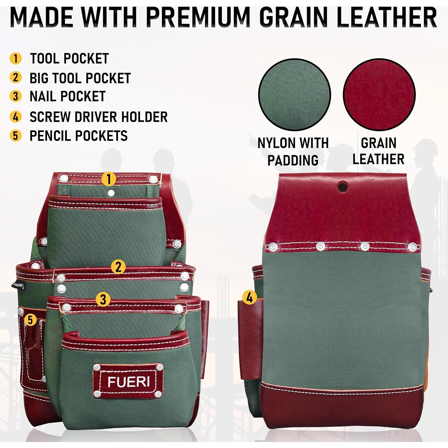 Cinturón de herramientas FUERI 19 bolsillos Nylon Cuero Verde