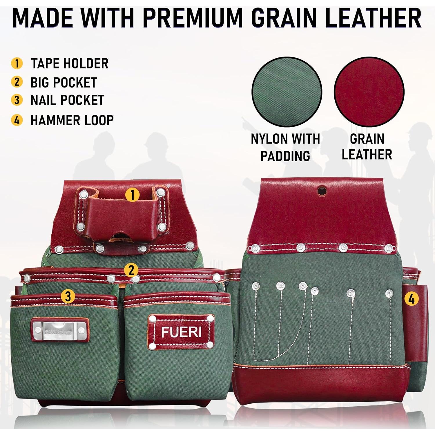 Cinturón de herramientas FUERI 19 bolsillos Nylon Cuero Verde