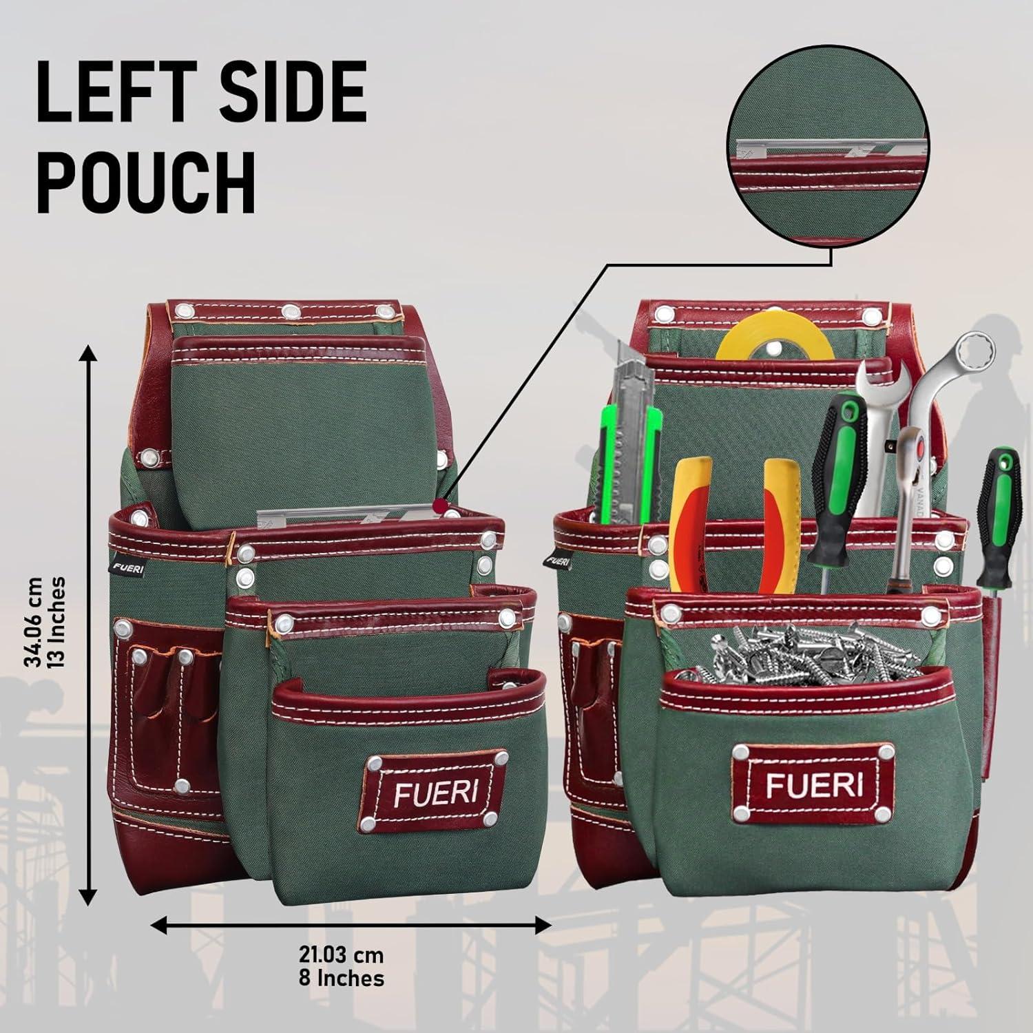Cinturón de herramientas FUERI 19 bolsillos Nylon Cuero Verde