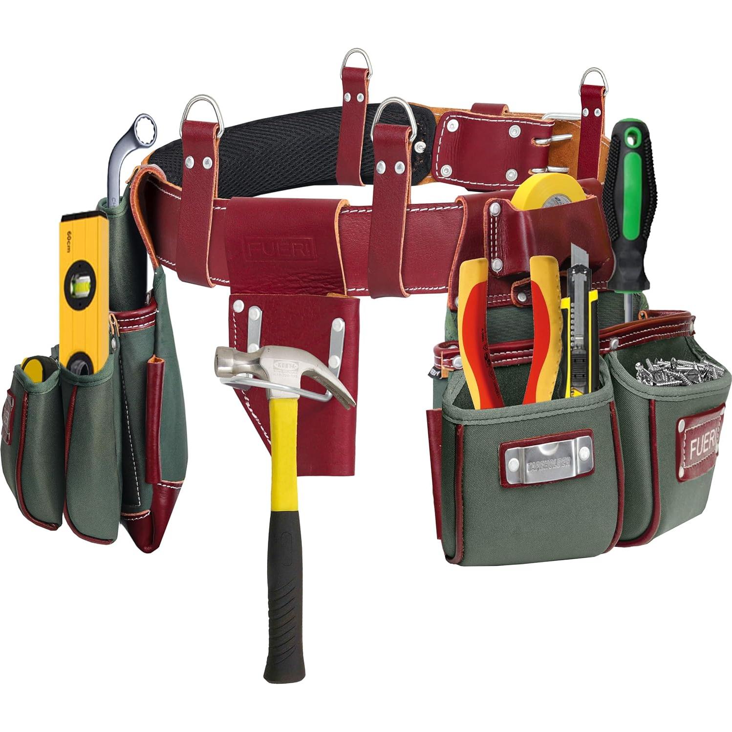 Cinturón de herramientas FUERI 19 bolsillos Nylon Cuero Verde