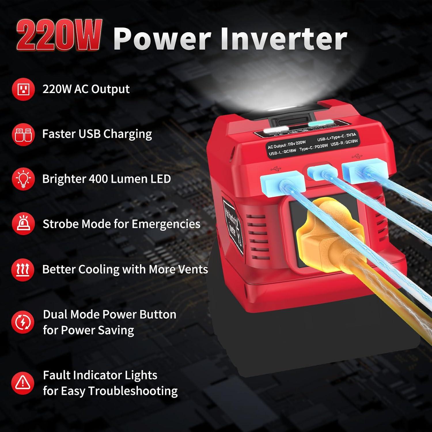 Inversor de Potencia 220W Kzreect DC 18V a AC 110V con USB
