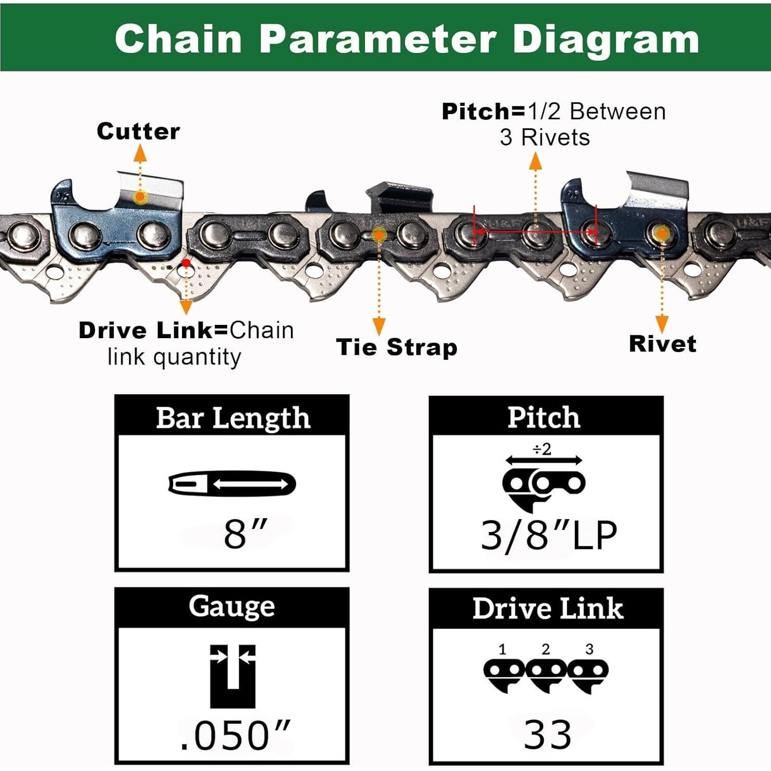 Cadena de sierra de poste 8" 3PC para Kobalt y Sun Joe