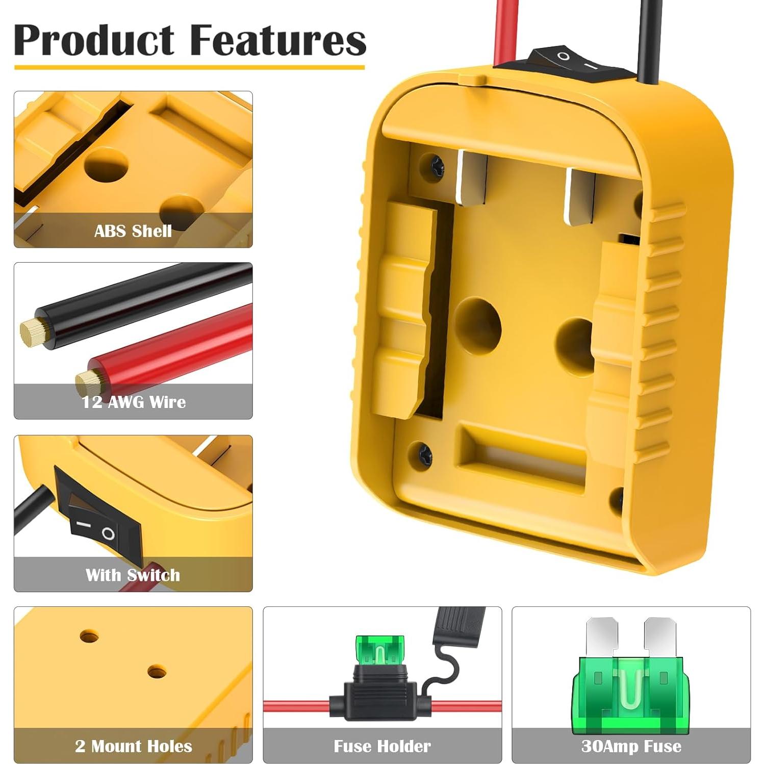 Adaptador Power Wheels Dewalt 20V con fusible y conector