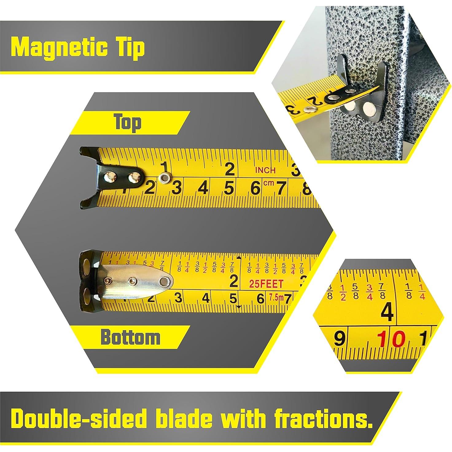 Bullseye 25 Ft Tape Measure with Magnetic Hook - 1" Double-Sided Blade - Tape Measures with Imperial & Metric Measurements - Retractable Measuring Tapes with Fractions