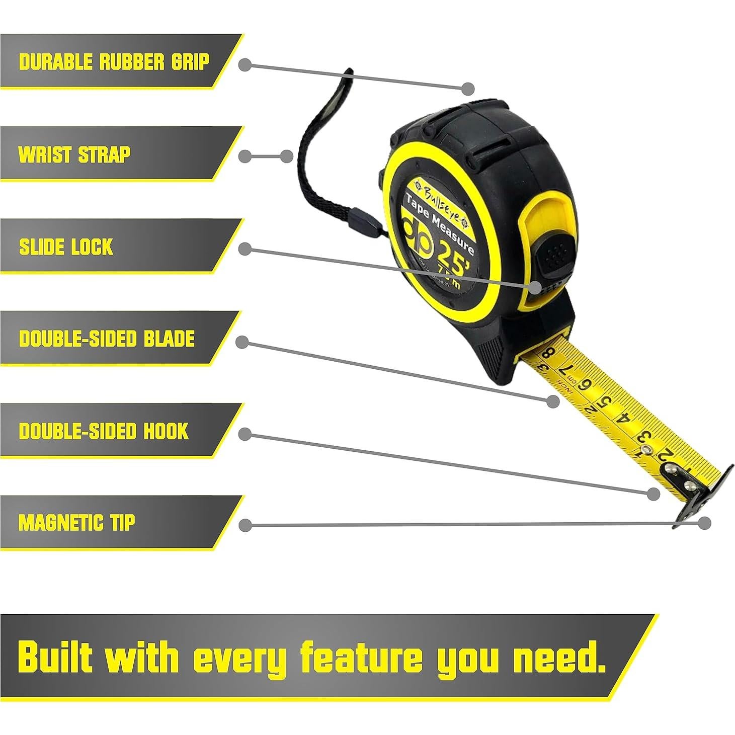 Bullseye 25 Ft Tape Measure with Magnetic Hook - 1" Double-Sided Blade - Tape Measures with Imperial & Metric Measurements - Retractable Measuring Tapes with Fractions