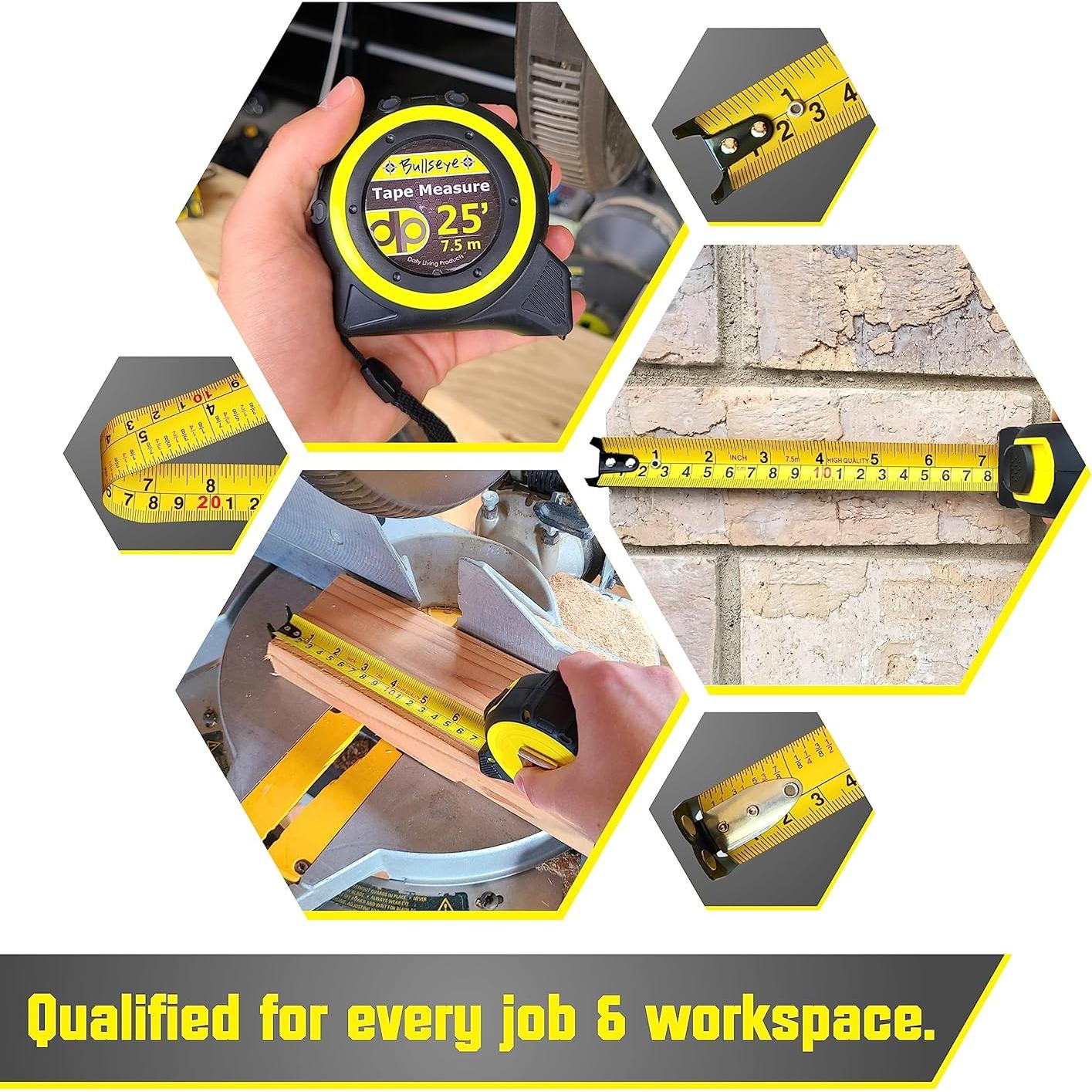 Bullseye 25 Ft Tape Measure with Magnetic Hook - 1" Double-Sided Blade - Tape Measures with Imperial & Metric Measurements - Retractable Measuring Tapes with Fractions