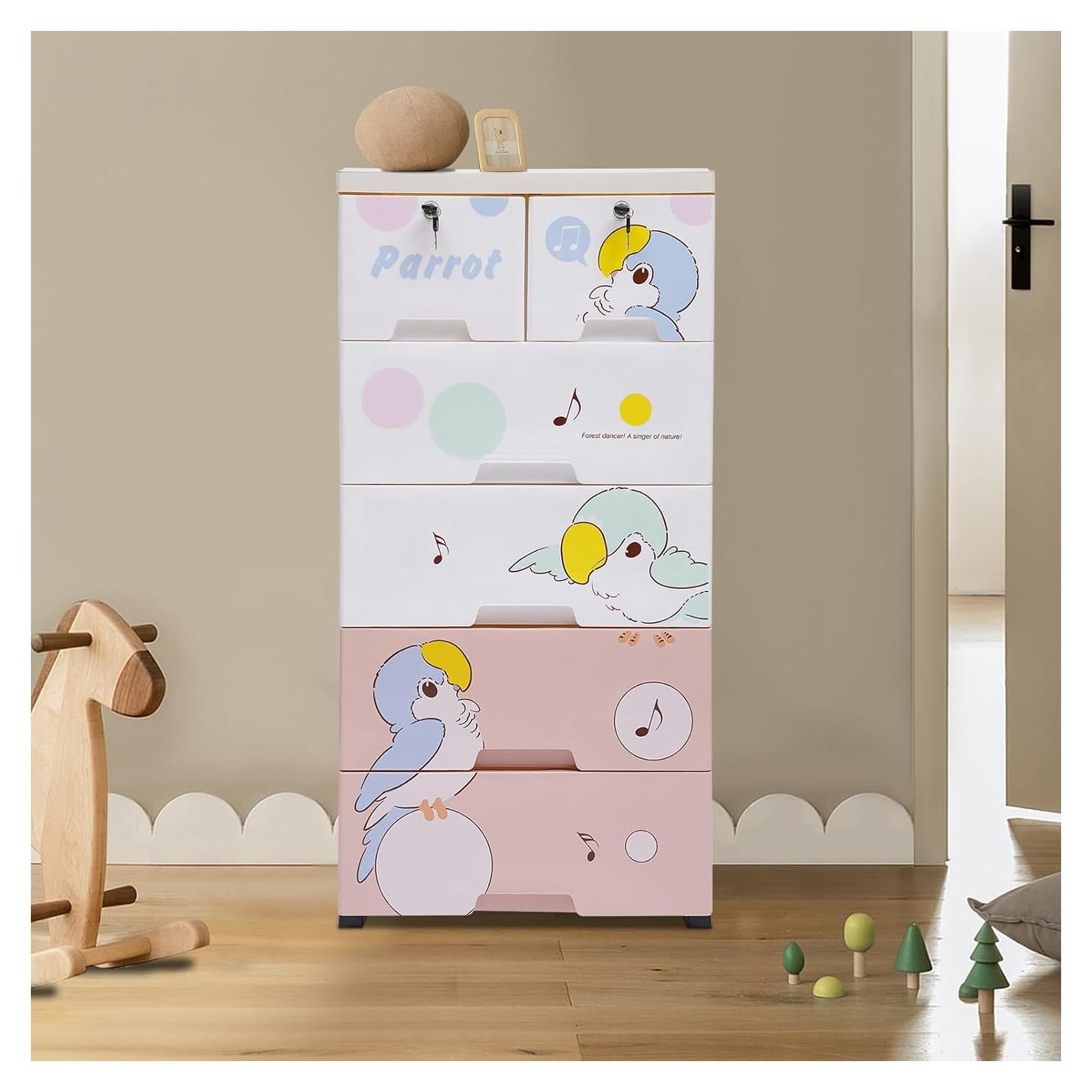 Plastic Drawers Dresser 6 Drawers Plastic Closet Drawers with Lock Tall Dresser Organizer for Clothes Small Closet Organizer Shelf Lockable Storage Cabinet Drawers Organizer (Parrot)