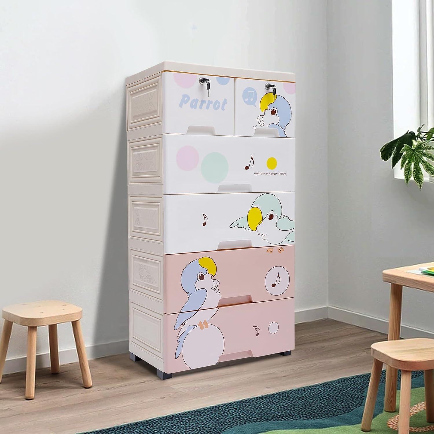 Plastic Drawers Dresser 6 Drawers Plastic Closet Drawers with Lock Tall Dresser Organizer for Clothes Small Closet Organizer Shelf Lockable Storage Cabinet Drawers Organizer (Parrot)