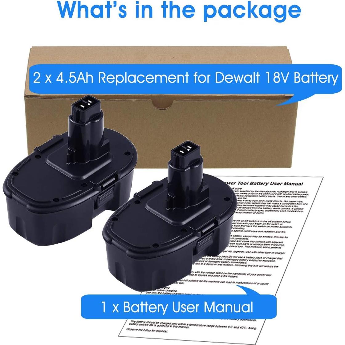 2-Pack [Upgraded to 4500mAh] High Capacity DC9096 DC9098 Replacement Battery Compatible with Dewalt 18V Battery DC9099 DW9095 DW9096 DW9098 DW9099 DE9038 18 Volt Cordless Drill Driver Tools(Black)