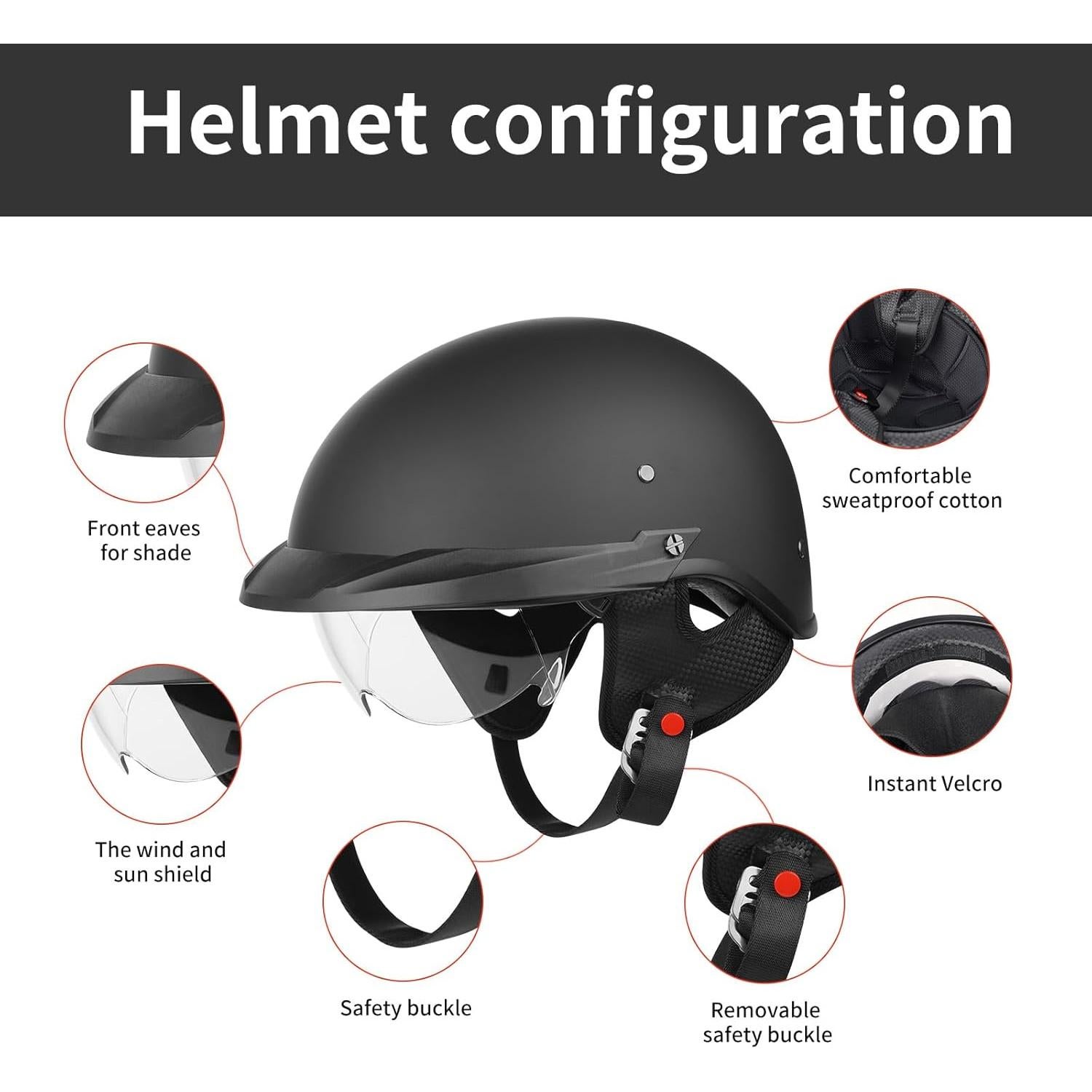 Casco de Motocicleta Kdlkxjzw Retro Negro Mate con Visera Solar