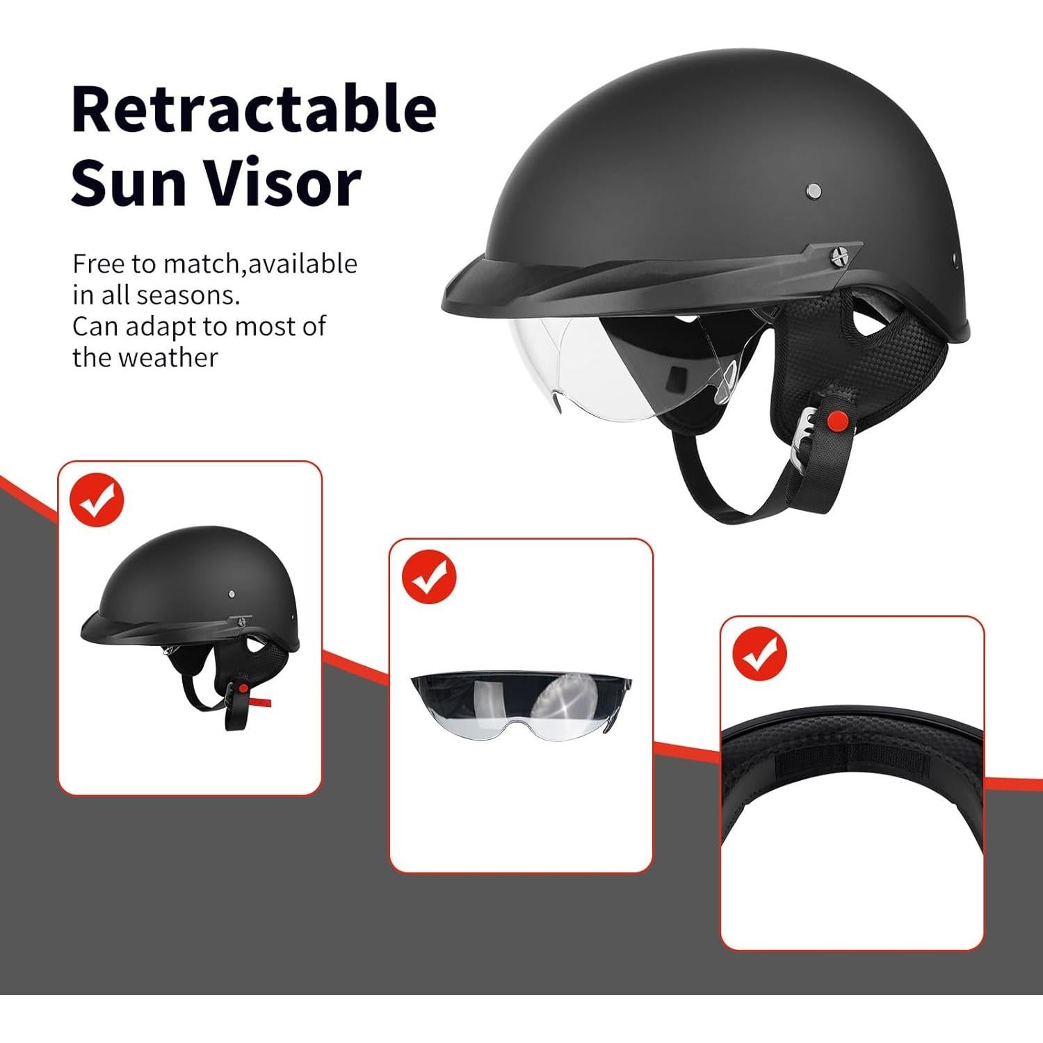 Casco de Motocicleta Kdlkxjzw Retro Negro Mate con Visera Solar