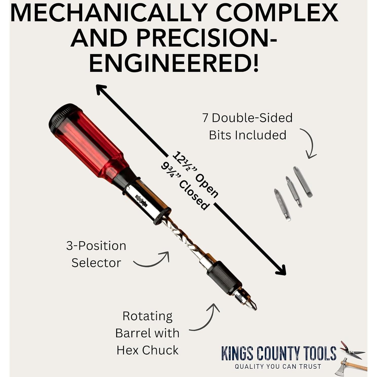 Kings County Tools Yankee Style Screwdriver | 7 Double-Sided Bits Included | Rotating Barrel with Hex Chuck | 3-Position Selector - Locked, Spiral-In and Spiral-Out | Easy on Hands