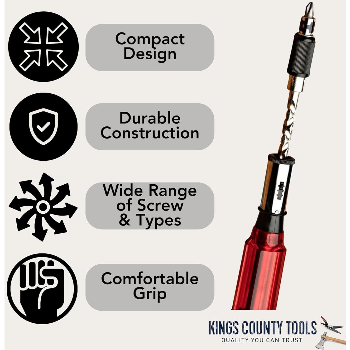 Kings County Tools Yankee Style Screwdriver | 7 Double-Sided Bits Included | Rotating Barrel with Hex Chuck | 3-Position Selector - Locked, Spiral-In and Spiral-Out | Easy on Hands