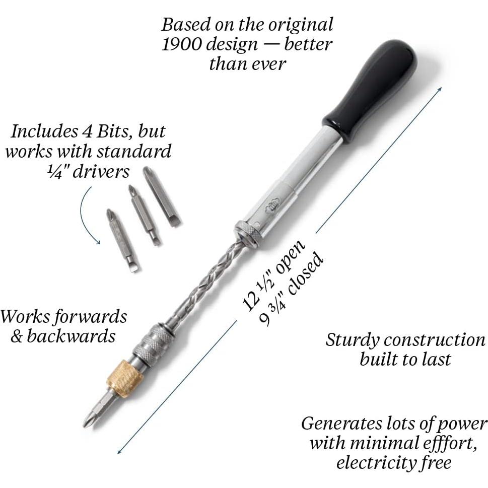 Kings County Tools Yankee Style Screwdriver | 7 Double-Sided Bits Included | Rotating Barrel with Hex Chuck | 3-Position Selector - Locked, Spiral-In and Spiral-Out | Easy on Hands