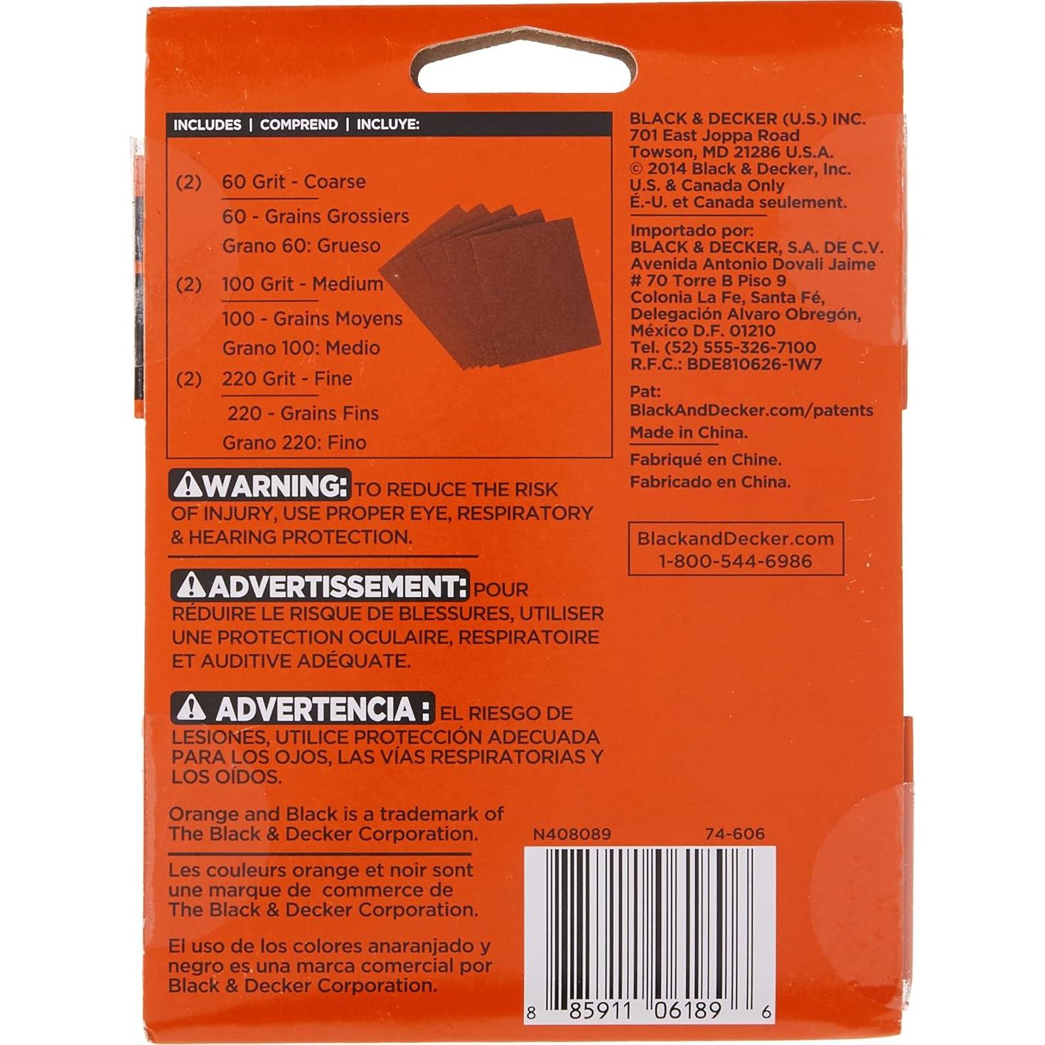 Papel de Lija BLACK+DECKER 1/4 Pulgada Grano Óxido Aluminio 12 Pzas