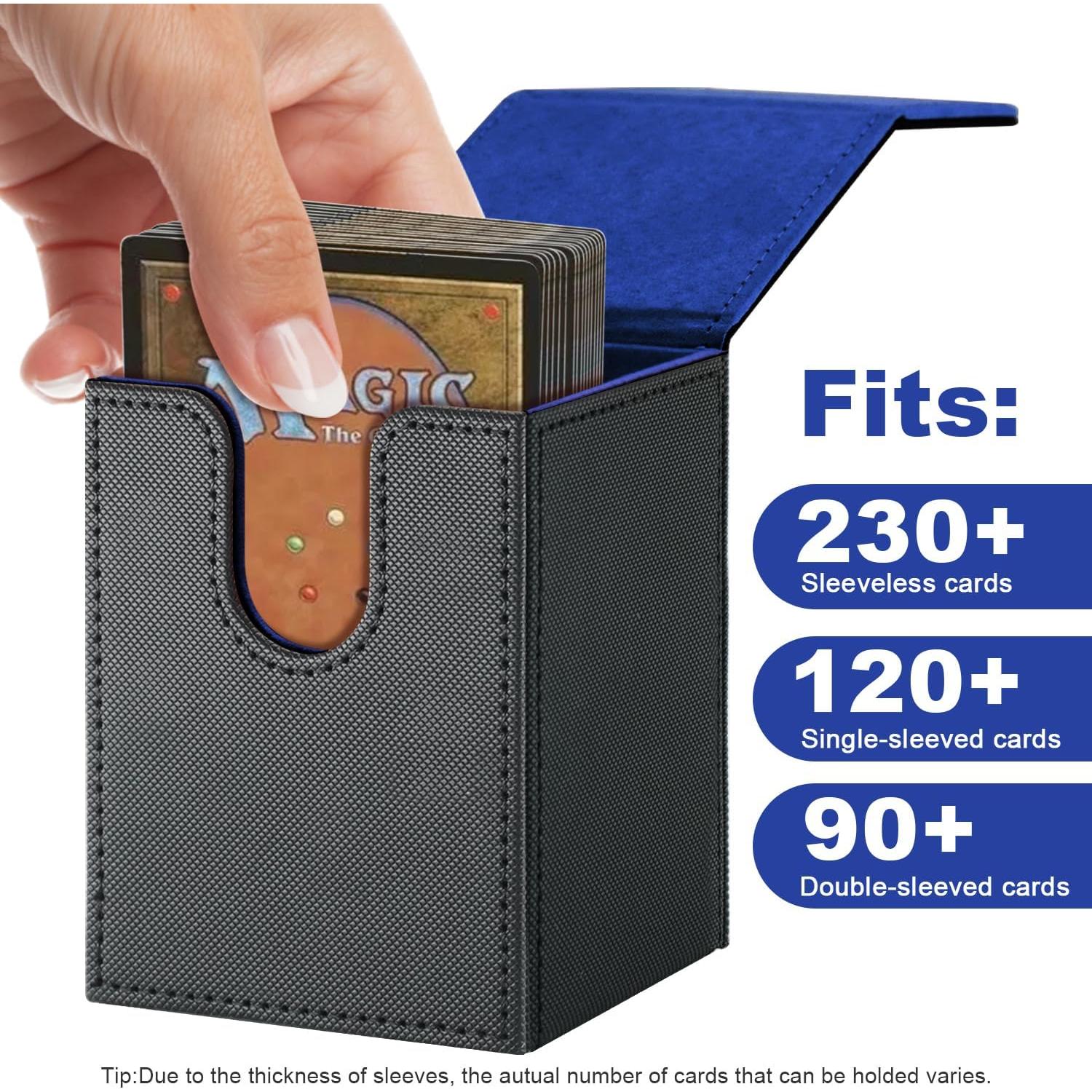 Card Deck Box for MTG,YuGiOh, KeyForge, Digimon FAB Card Storage Box Fits 230+ Single Sleeved Cards, PU Leather Strong Magnet Card Deck Case Holder for TCG CCG Magic Commander (Black&Blue)
