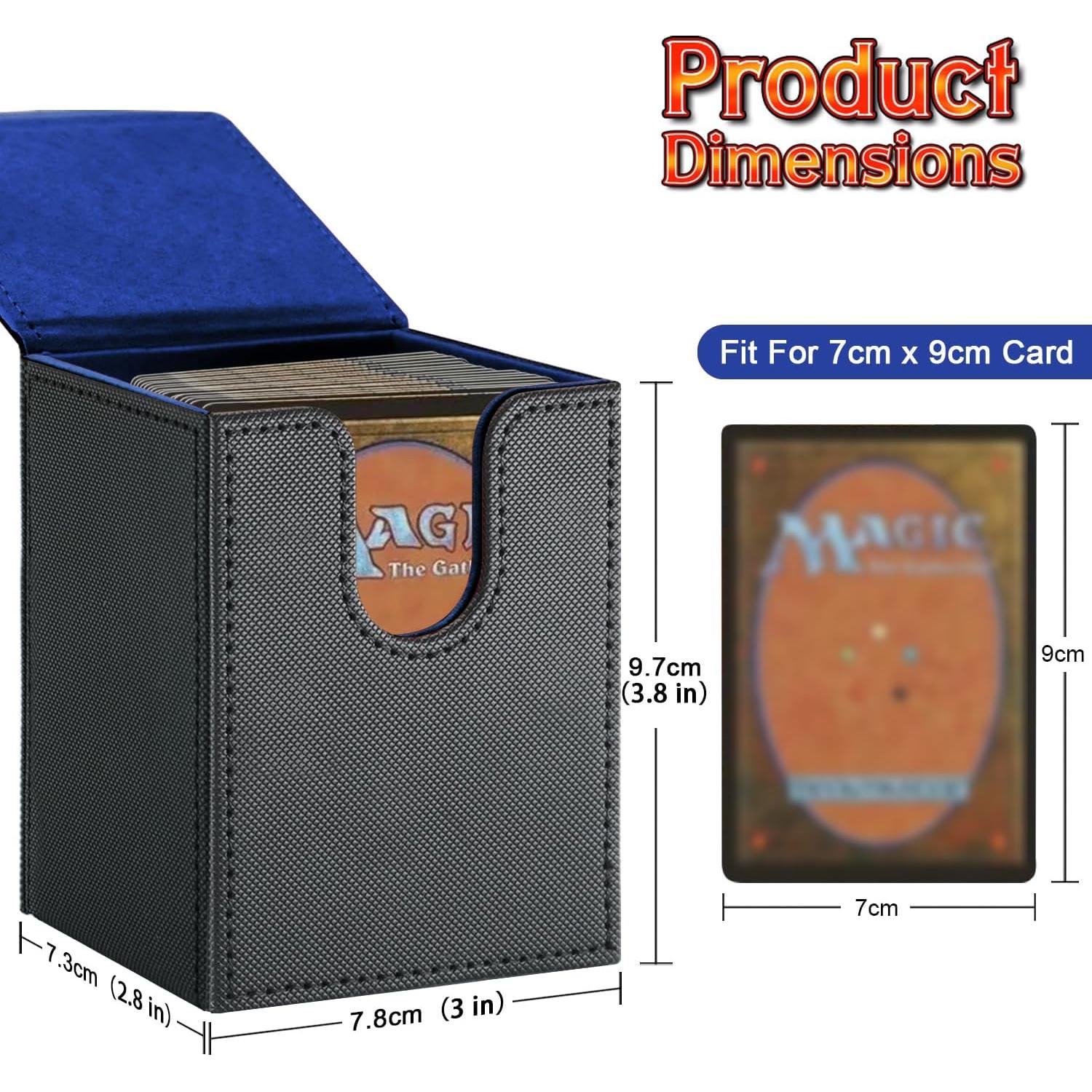 Card Deck Box for MTG,YuGiOh, KeyForge, Digimon FAB Card Storage Box Fits 230+ Single Sleeved Cards, PU Leather Strong Magnet Card Deck Case Holder for TCG CCG Magic Commander (Black&Blue)