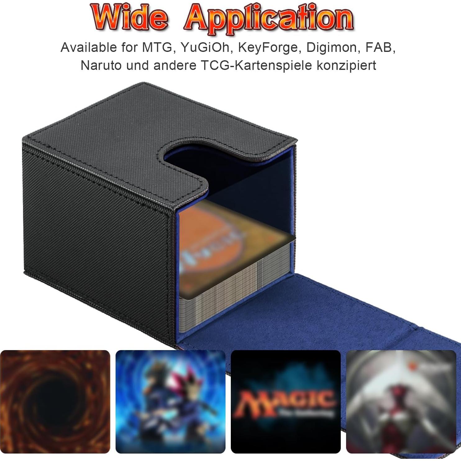 Card Deck Box for MTG,YuGiOh, KeyForge, Digimon FAB Card Storage Box Fits 230+ Single Sleeved Cards, PU Leather Strong Magnet Card Deck Case Holder for TCG CCG Magic Commander (Black&Blue)