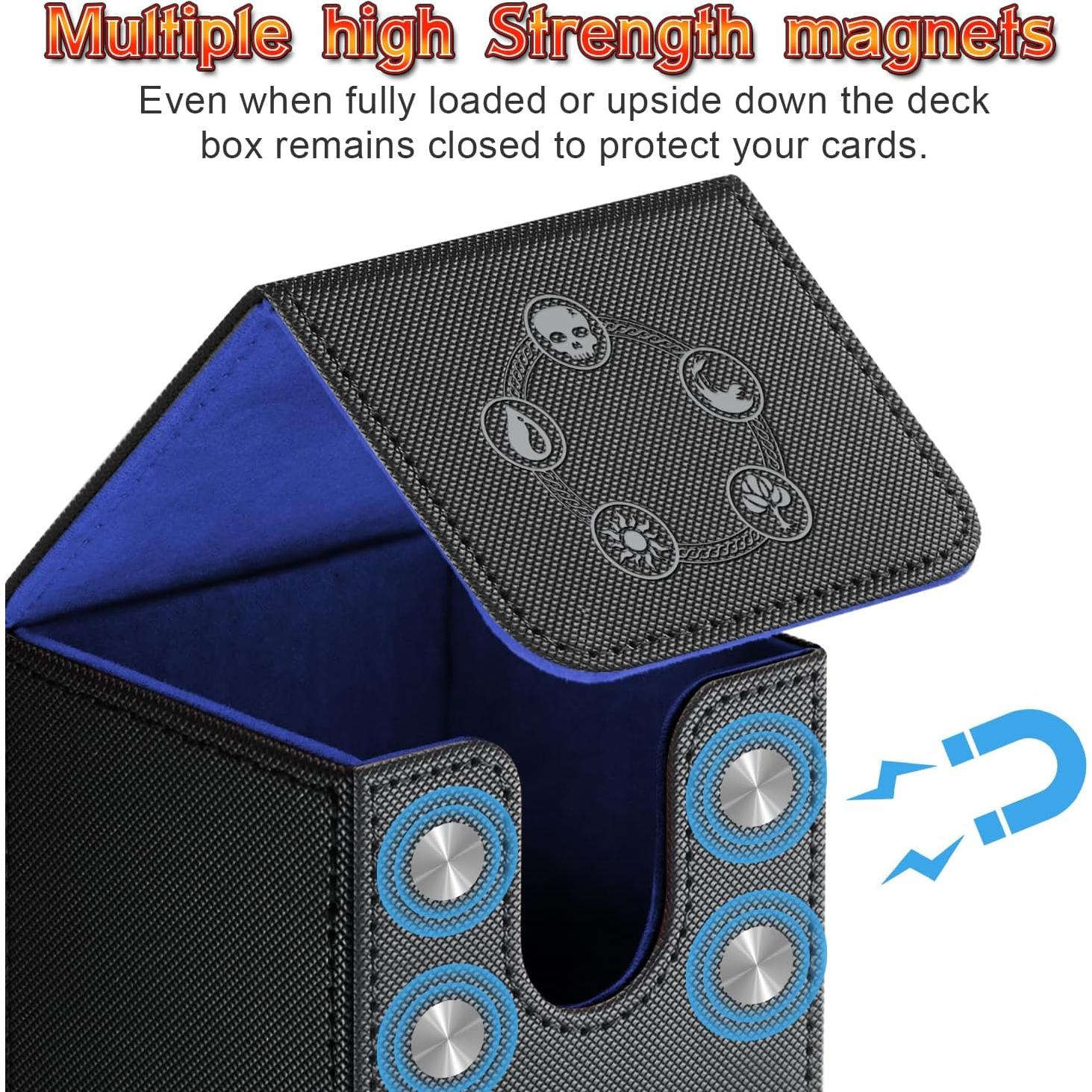Card Deck Box for MTG,YuGiOh, KeyForge, Digimon FAB Card Storage Box Fits 230+ Single Sleeved Cards, PU Leather Strong Magnet Card Deck Case Holder for TCG CCG Magic Commander (Black&Blue)