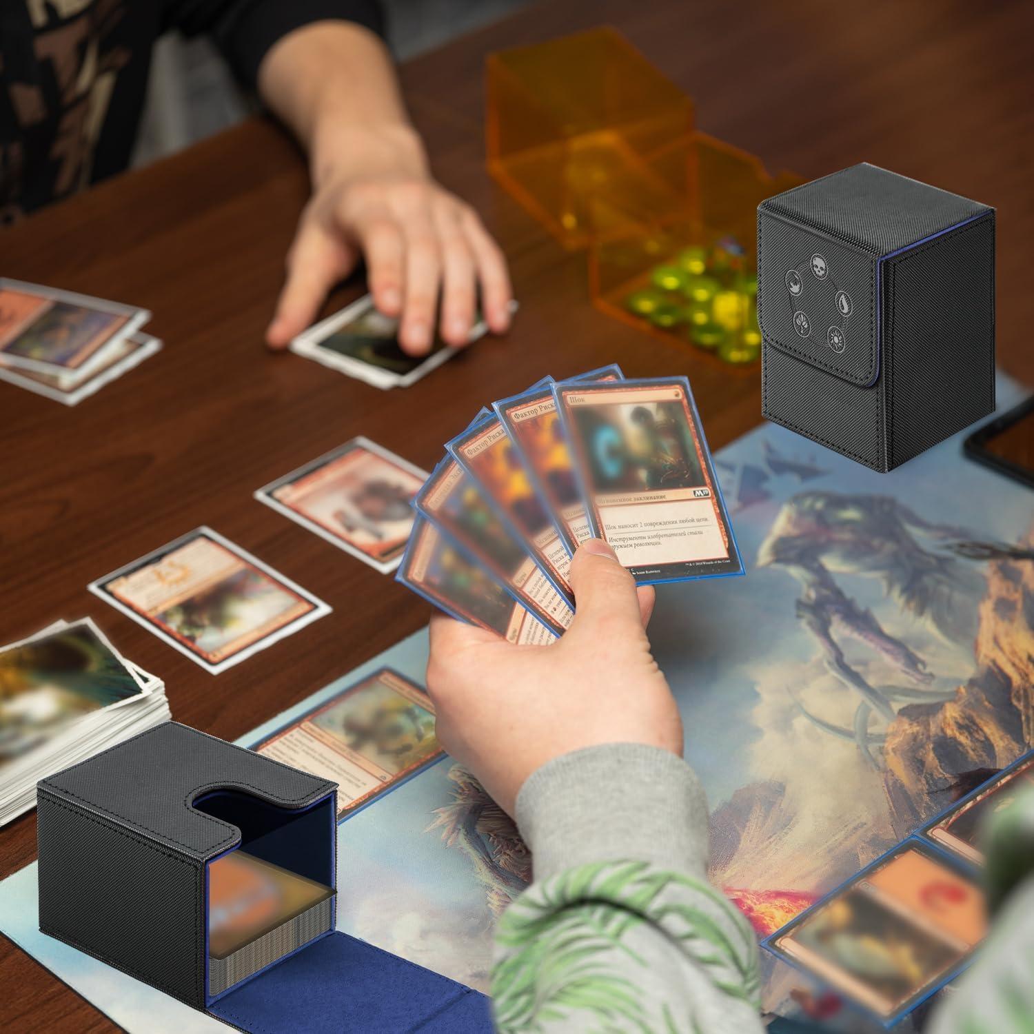 Card Deck Box for MTG,YuGiOh, KeyForge, Digimon FAB Card Storage Box Fits 230+ Single Sleeved Cards, PU Leather Strong Magnet Card Deck Case Holder for TCG CCG Magic Commander (Black&Blue)