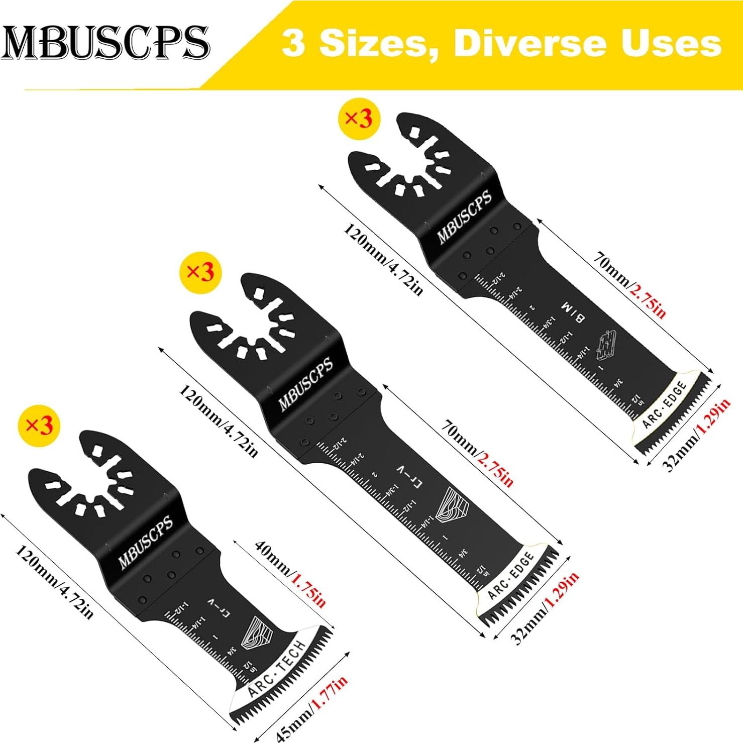 9pcs Extra Long Multi Tool Blades: Curved Edge Bi-Metal Oscillating Tool Blade for Metal, Japanese Tooth Blades for Wood, Fit Universal Oscillating Tools