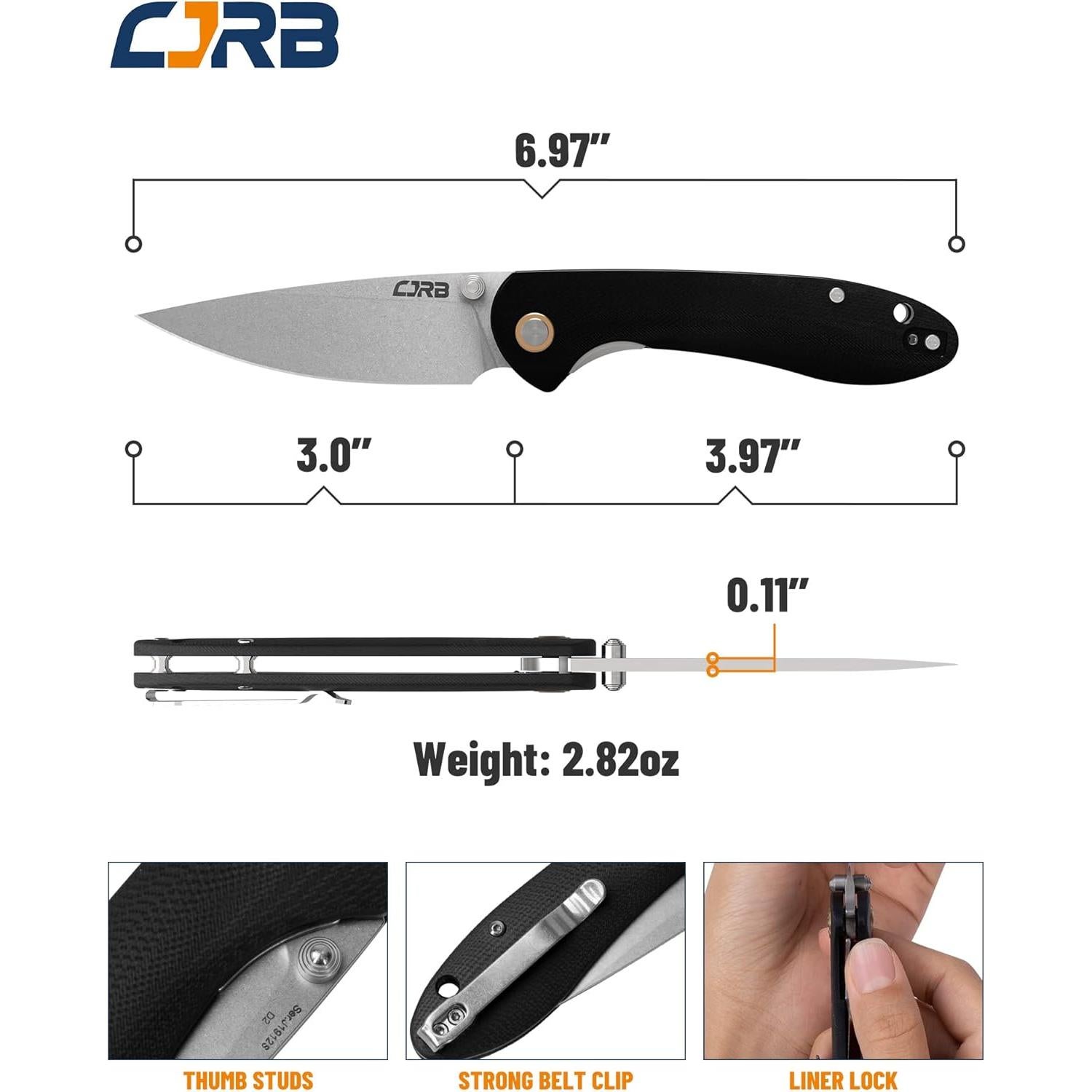 Cuchillo Plegable CJRB Feldspar Acero D2 Mango G10 Negro