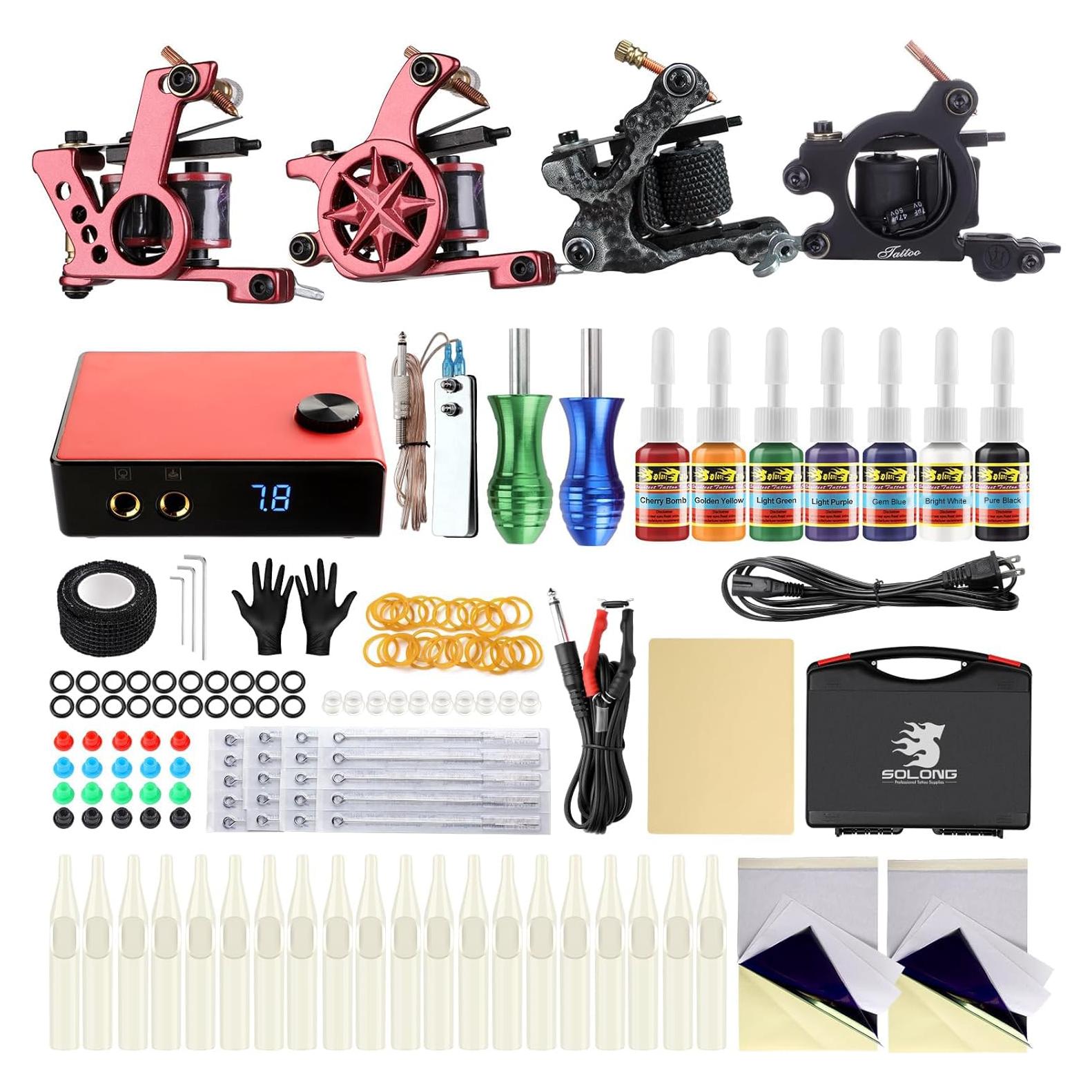 Kit de Tatuaje Profesional Solong TK465 - 4 Máquinas, 180 Piezas