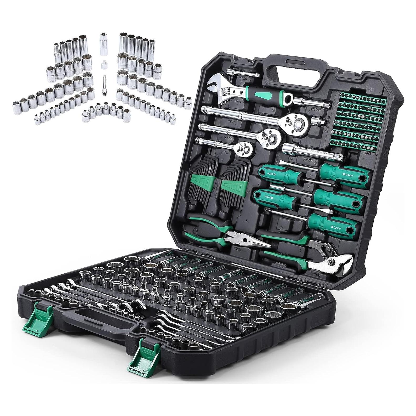 Towallmark 213 Piece Mechanic Tool Set and Socket Wrench Set, SAE and Metric Household Hand Tool Kit, Cr-V Constructed, Home/Auto Repair Tool Sets with Storage Case
