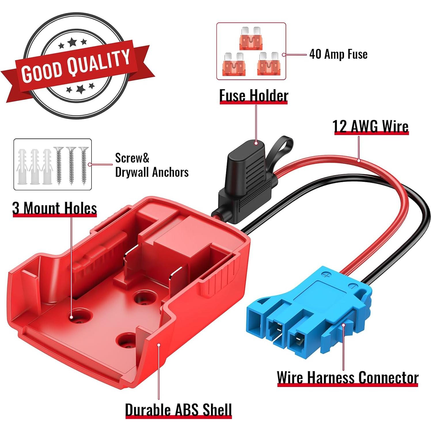 Power Wheel Adapter Compatible with Milwaukee Battery with Wire Harness Connector Compatible with Peg-Perego Children Ride-on Car, 12AWG Wire with 40A Fuse
