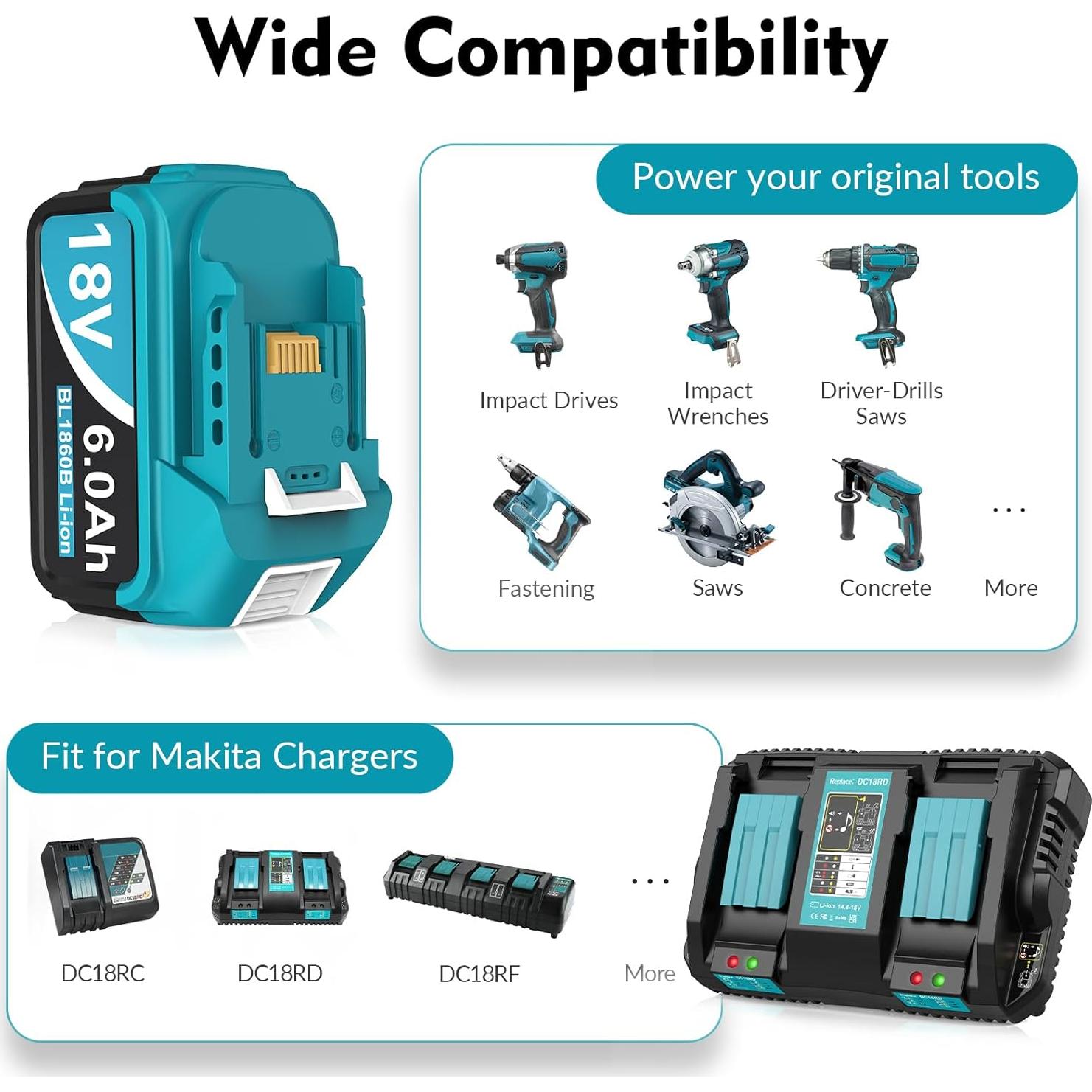 Paquete de 2 Baterías 6.0Ah Reemplazo Makita 18V con Cargador