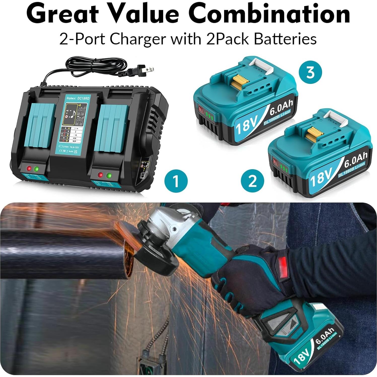 Paquete de 2 Baterías 6.0Ah Reemplazo Makita 18V con Cargador