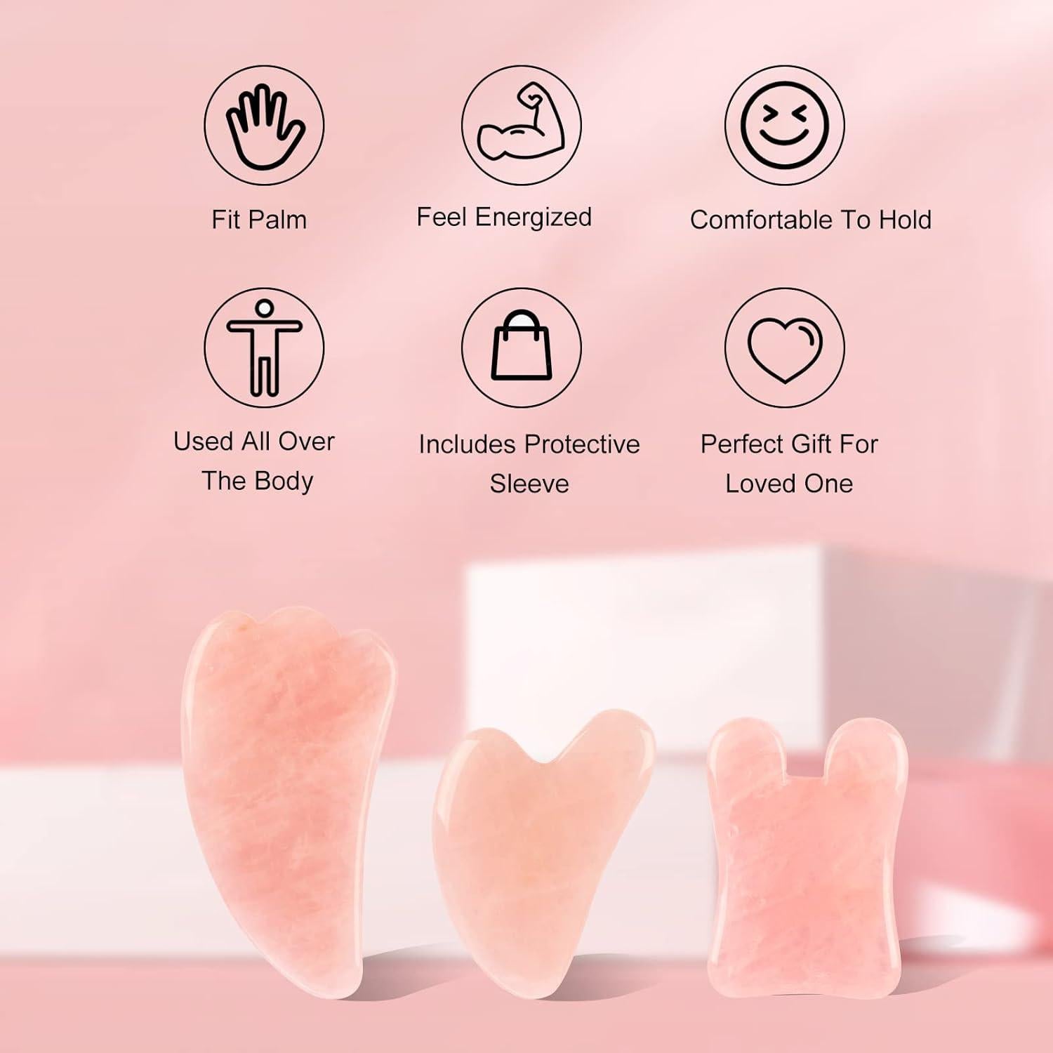 Juego de Herramientas Gua Sha Facial 3 Piezas Cuarzo Rosa