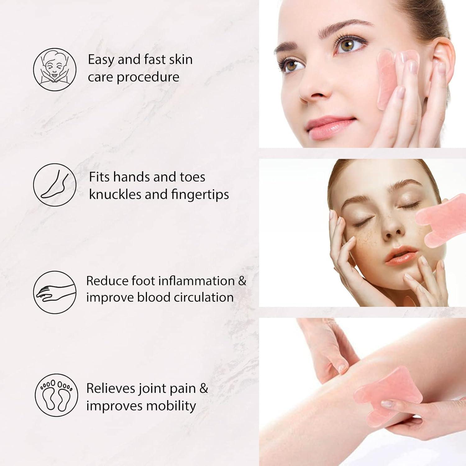 Juego de Herramientas Gua Sha Facial 3 Piezas Cuarzo Rosa