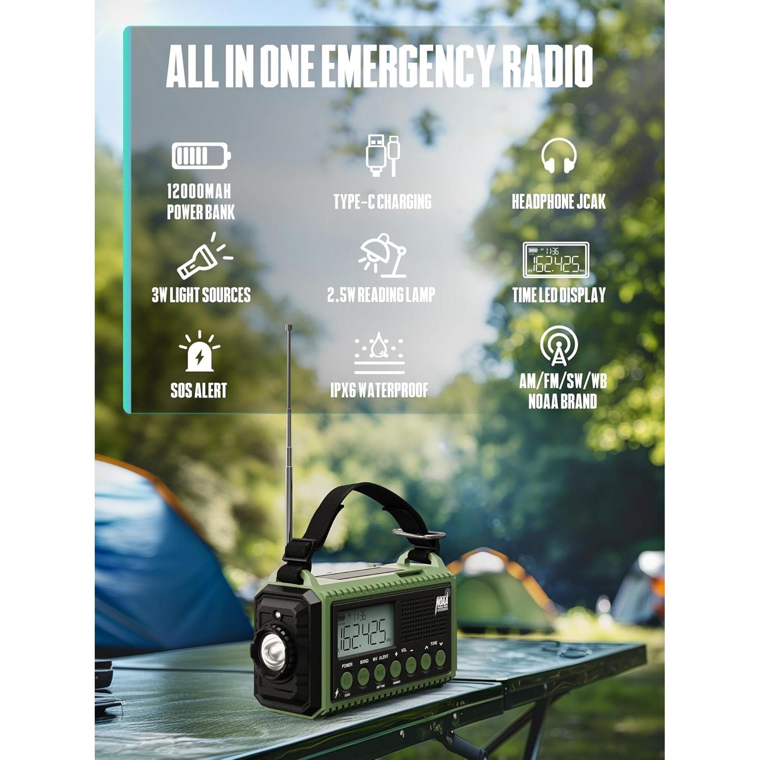 Radio de Emergencia 12000mAh ROCAM con Linterna y Cargador