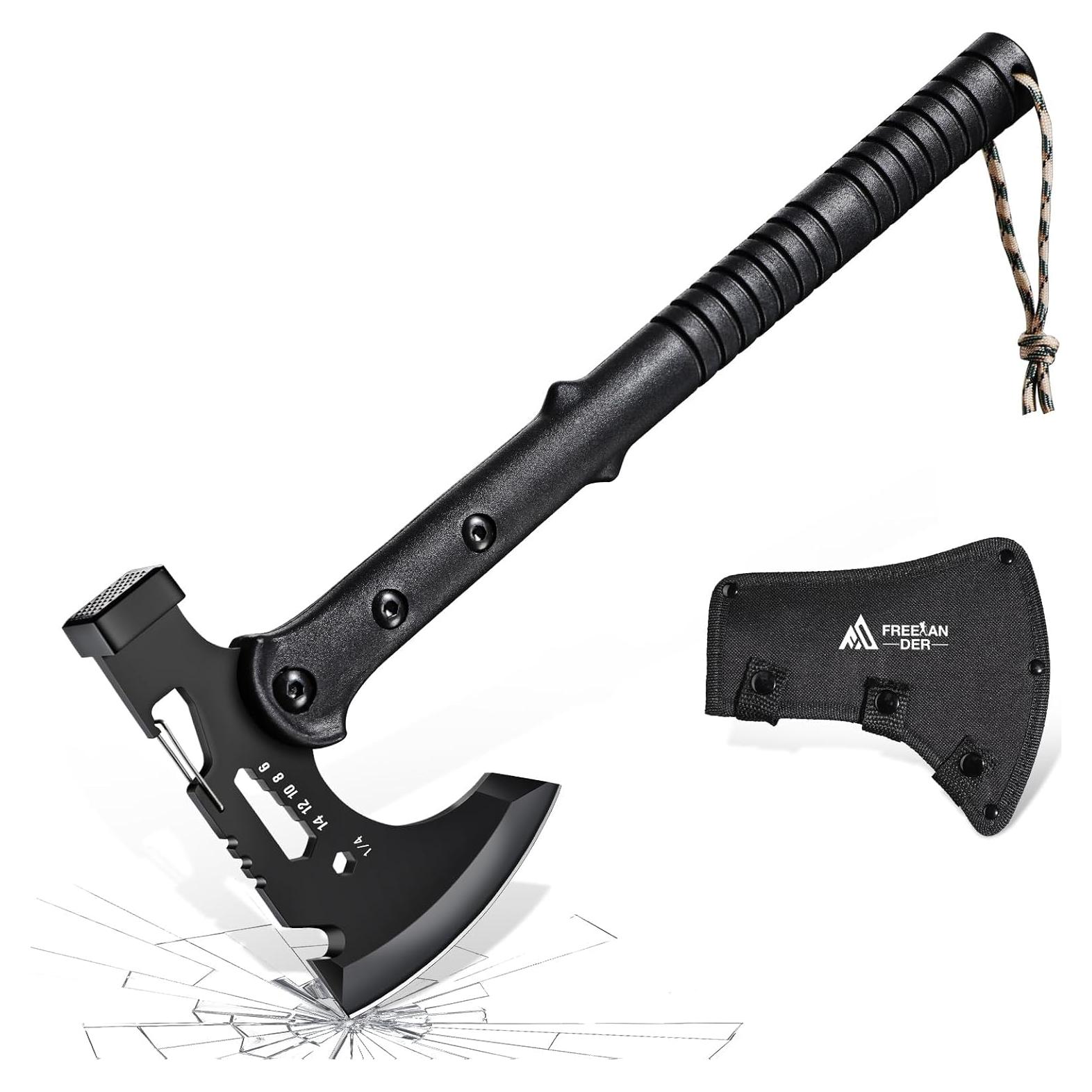 Freelander Camping Axe with Sheath, Sharp Tactical Hatchet Axe with Clip and Bottle Opener, Multi-Functional Hammer Tactical Tomahawk, Survival Tomahawk Axe for Camping (Black, 15 Inch)