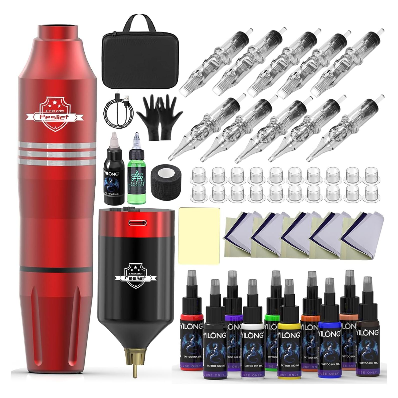 Kit de Tatuaje Profesional Peslief con 10 Agujas y Batería Inalámbrica