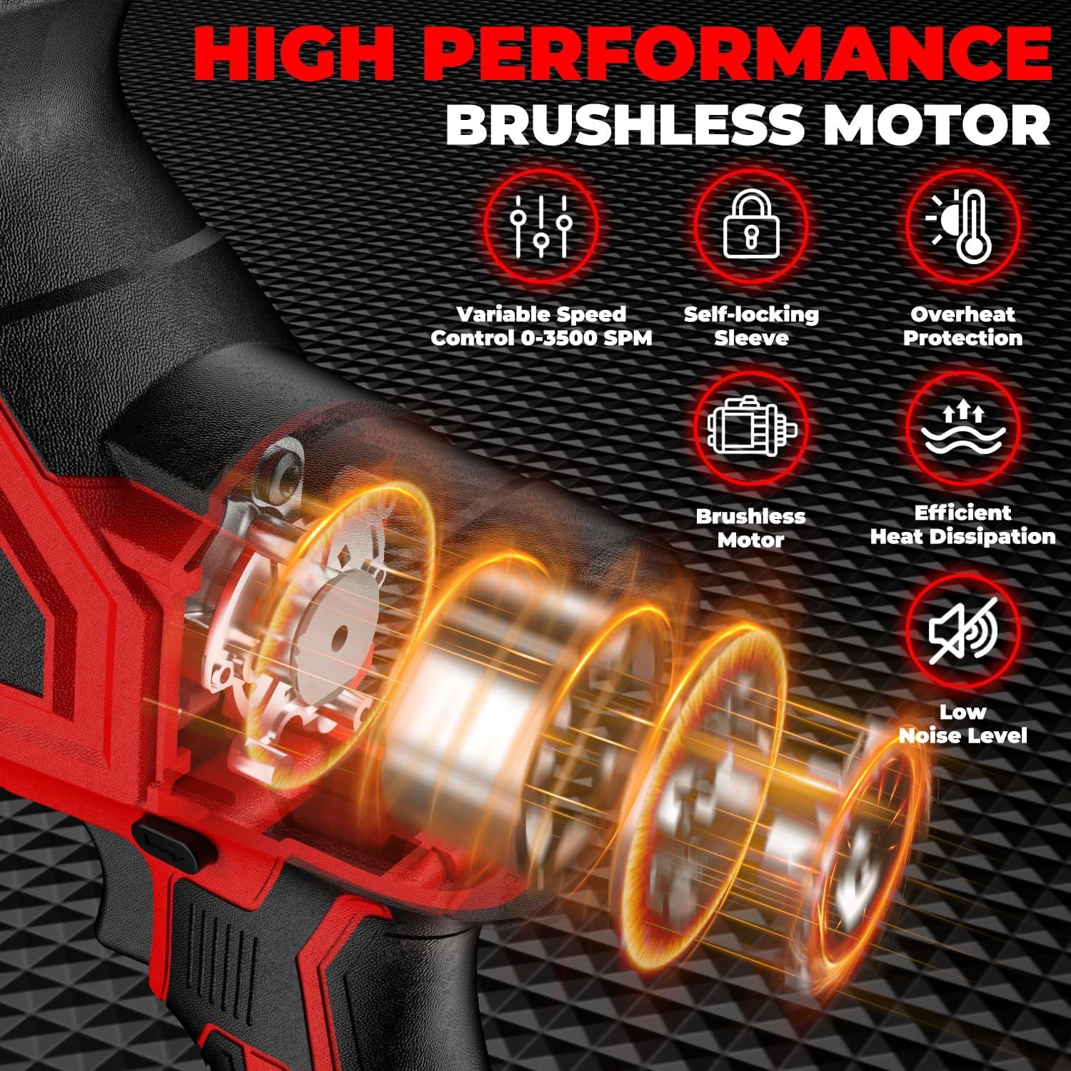 Cordless Reciprocating Saw for Milwaukee M18 Battery, 3 Variable Speed 0-3500 Brushless Recipro Saw, Tool-free Blade Change, 4 Saw Blade Potable Recipro Saw kit for Wood/Metal/PVC Cuts - Tool Only