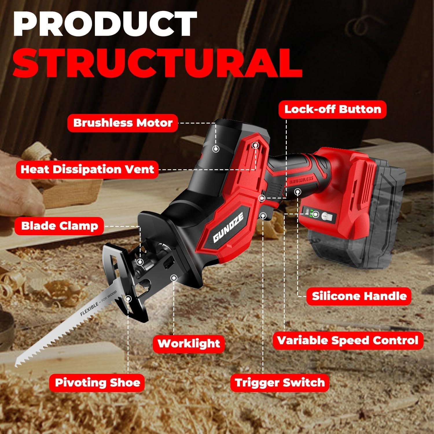Cordless Reciprocating Saw for Milwaukee M18 Battery, 3 Variable Speed 0-3500 Brushless Recipro Saw, Tool-free Blade Change, 4 Saw Blade Potable Recipro Saw kit for Wood/Metal/PVC Cuts - Tool Only