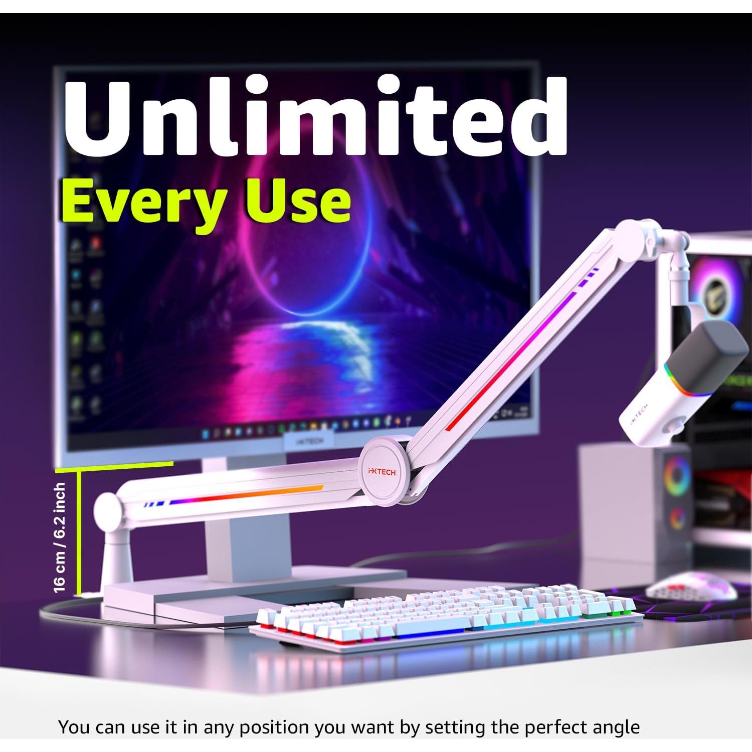 Brazo de Micrófono IXTECH RGB Alto Perfil Ajustable Blanco