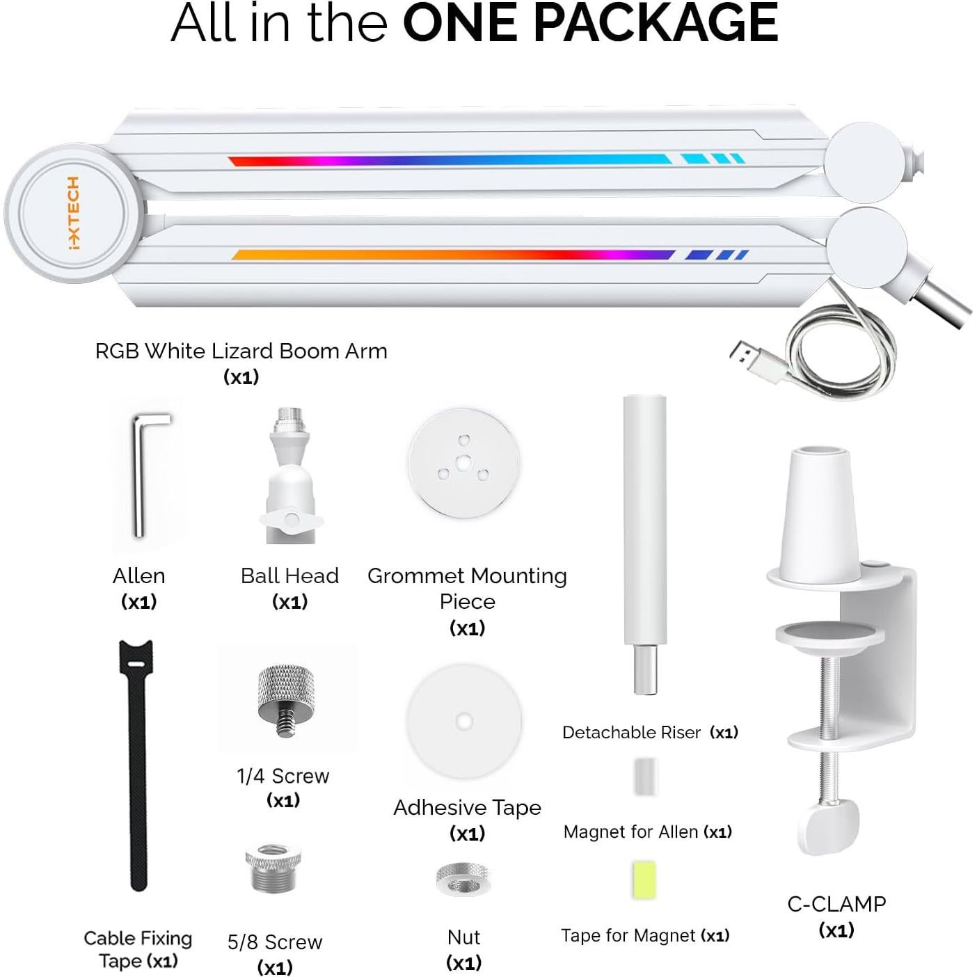 Brazo de Micrófono IXTECH RGB Alto Perfil Ajustable Blanco