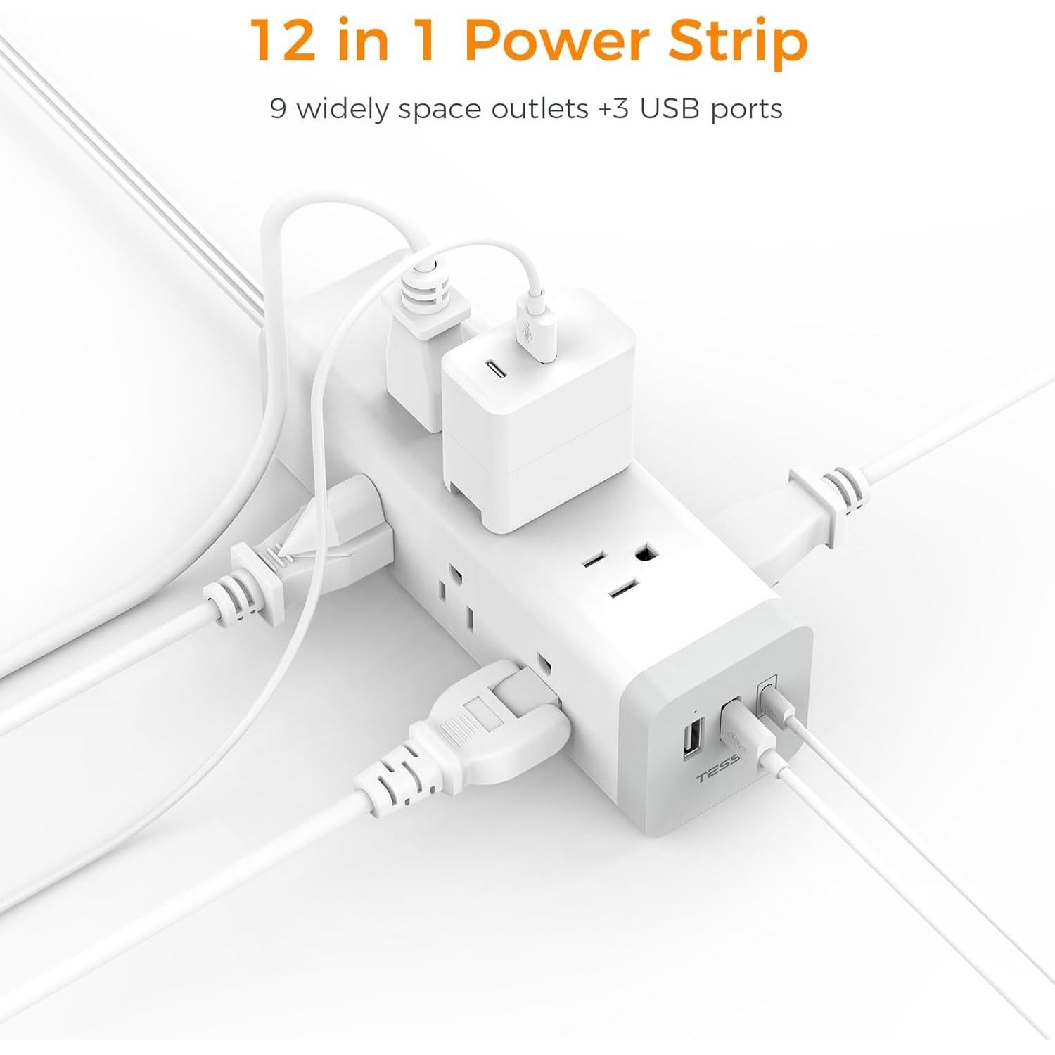 Regleta TESSAN 6 Pies 9 Salidas 3 USB Carga 1050J