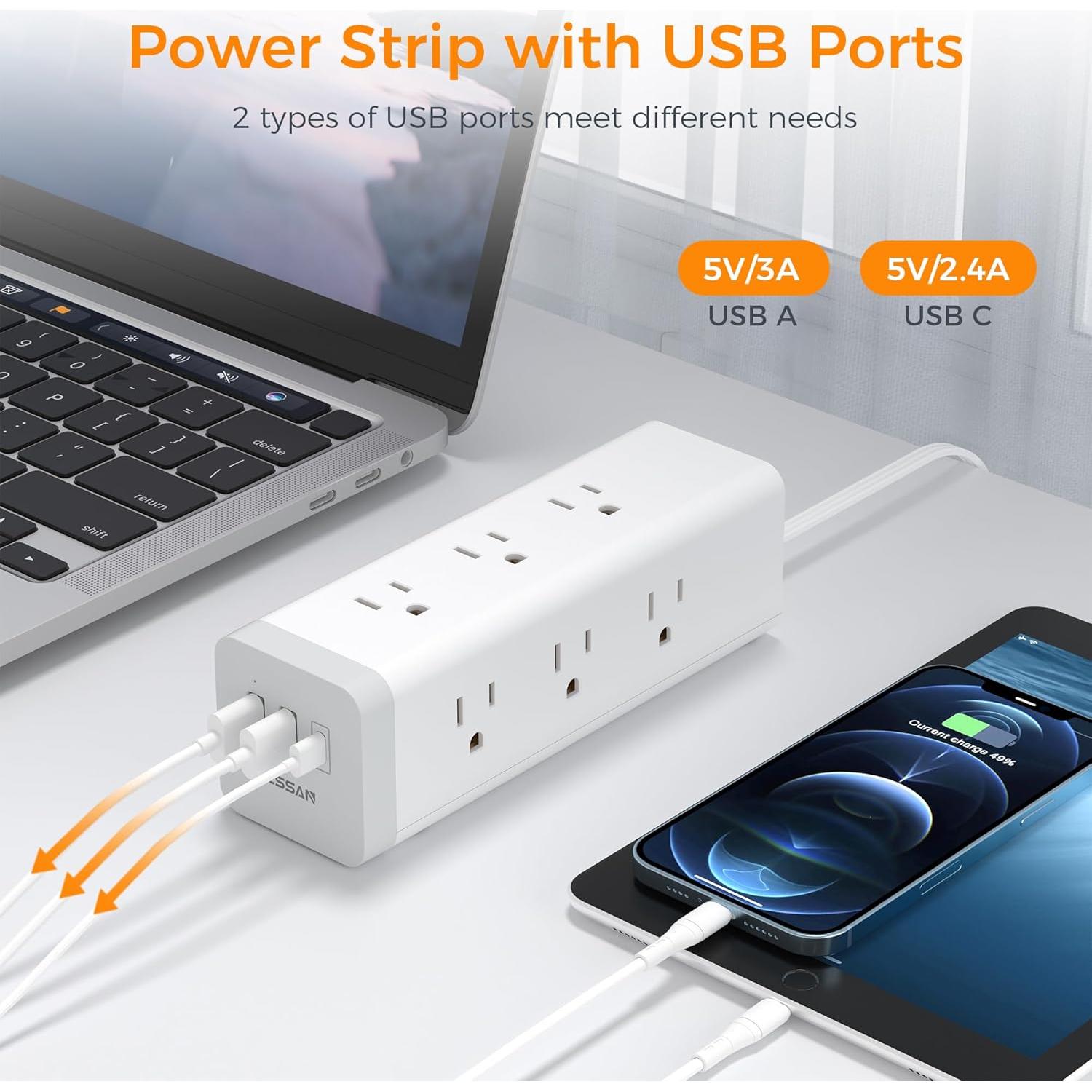 Regleta TESSAN 6 Pies 9 Salidas 3 USB Carga 1050J