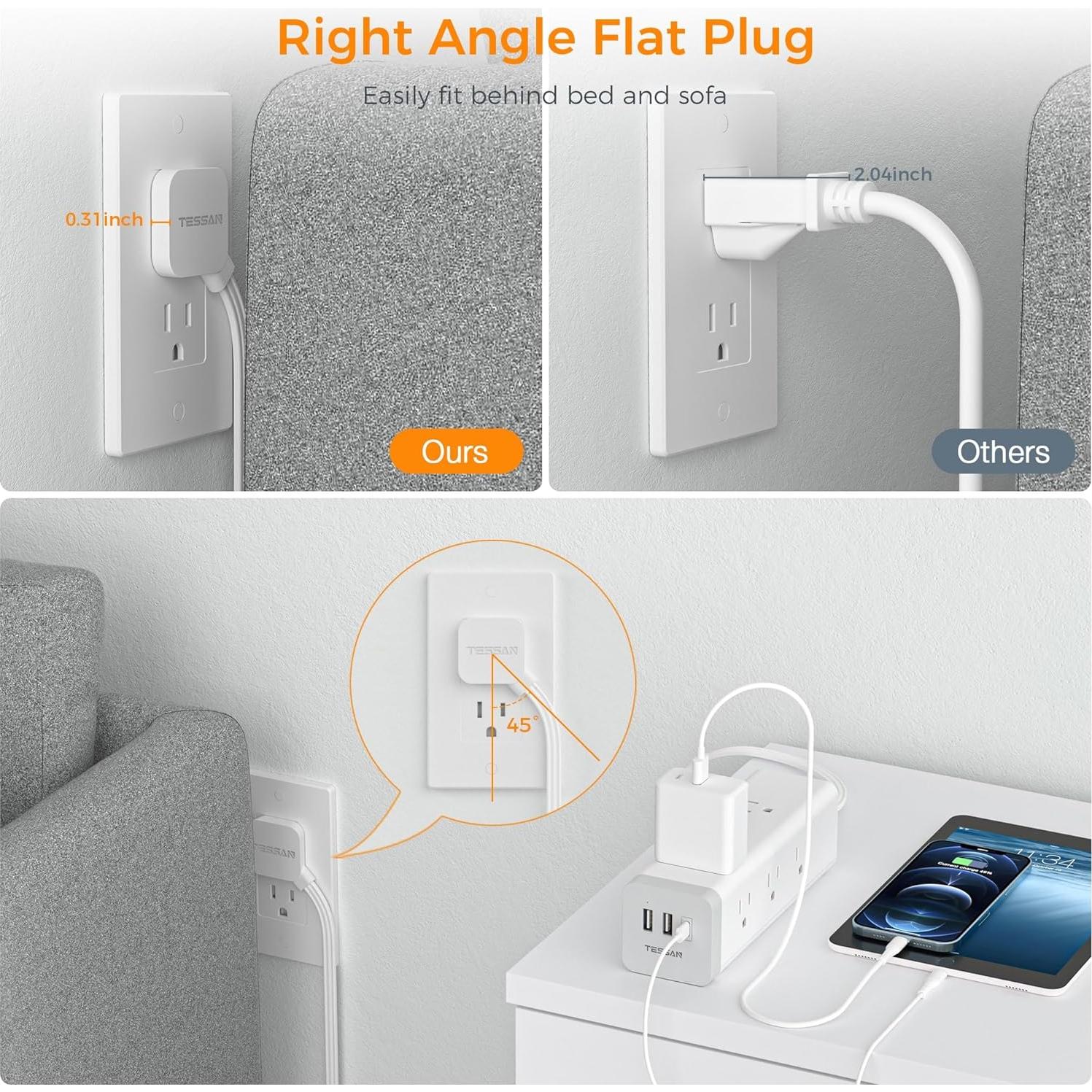 Regleta TESSAN 6 Pies 9 Salidas 3 USB Carga 1050J