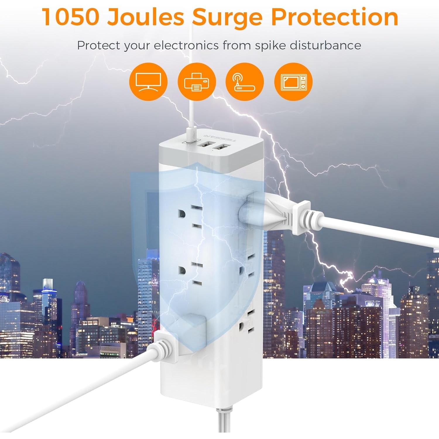 Regleta TESSAN 6 Pies 9 Salidas 3 USB Carga 1050J